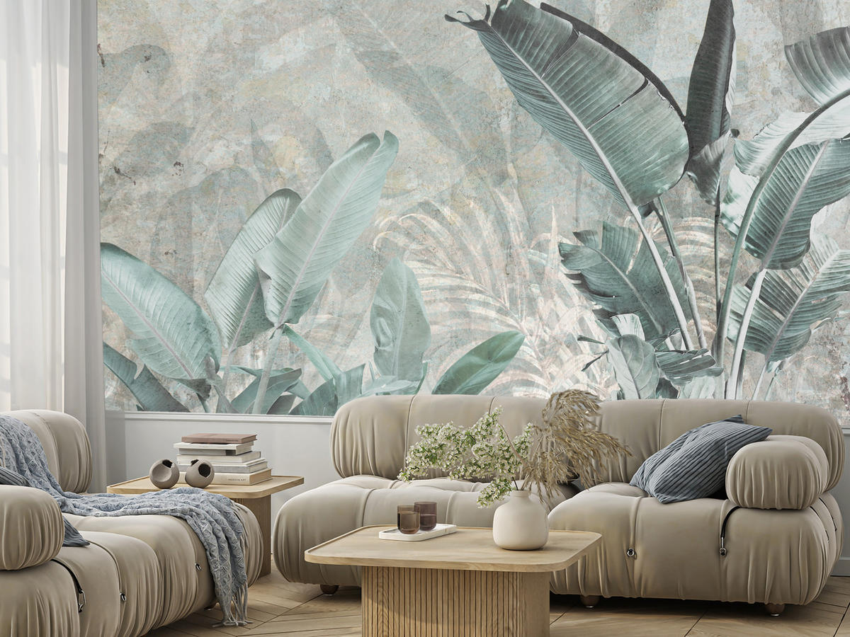 FOTOTAPETE für Küche Beton Bananenblätter Abstrakt Pflanzen Vintage 350x256 - Beige/Grau, Papier (350/256cm) - Muralo