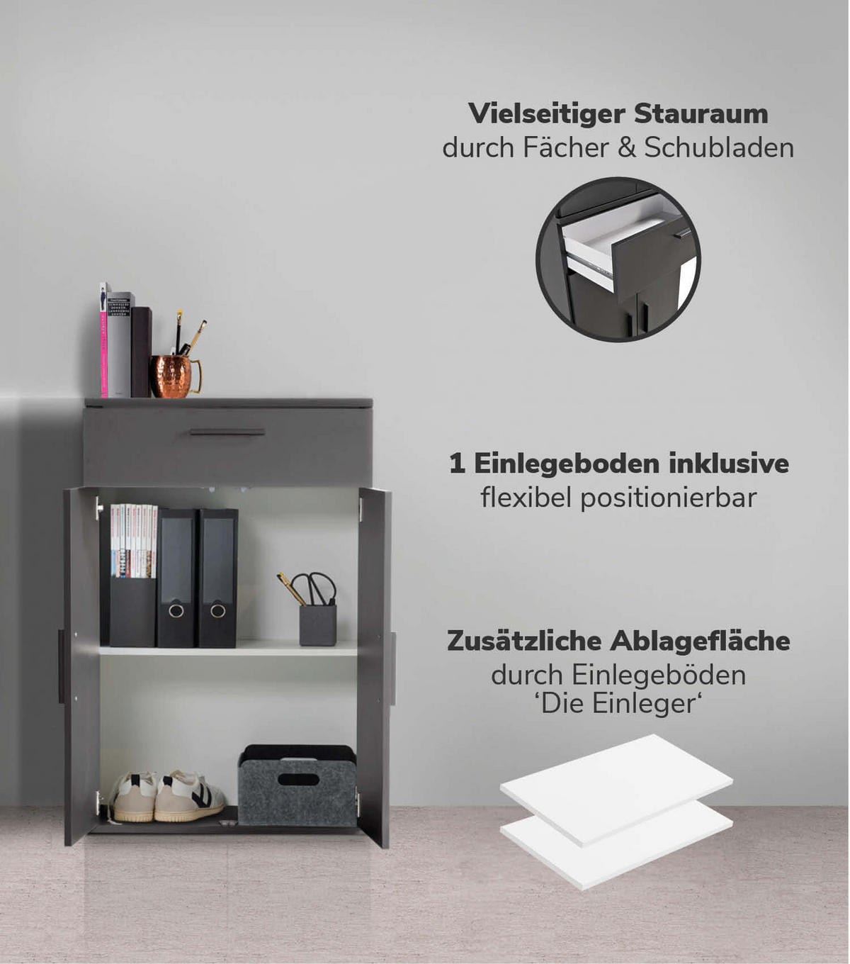 MEHRZWECKSCHRANK SET Der Allzweckwaffe - Anthrazit/Schwarz, Holzwerkstoff (60/180/34cm) - Mokebo