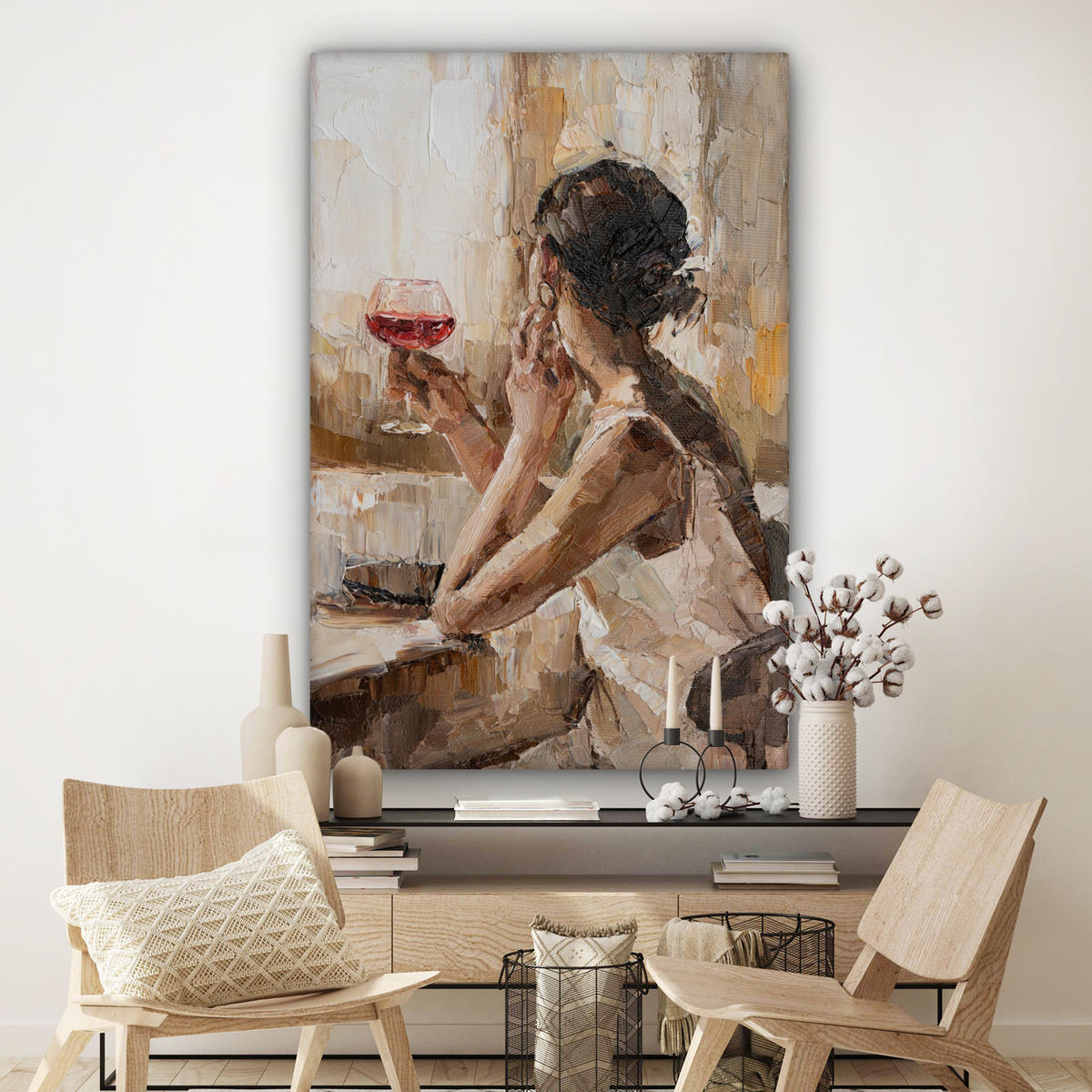 SLIKA NA PLATNU Slika na platnu vino (olje) 90x140 cm - svetlo rjava, tekstil (90/140cm) - MuchoWow