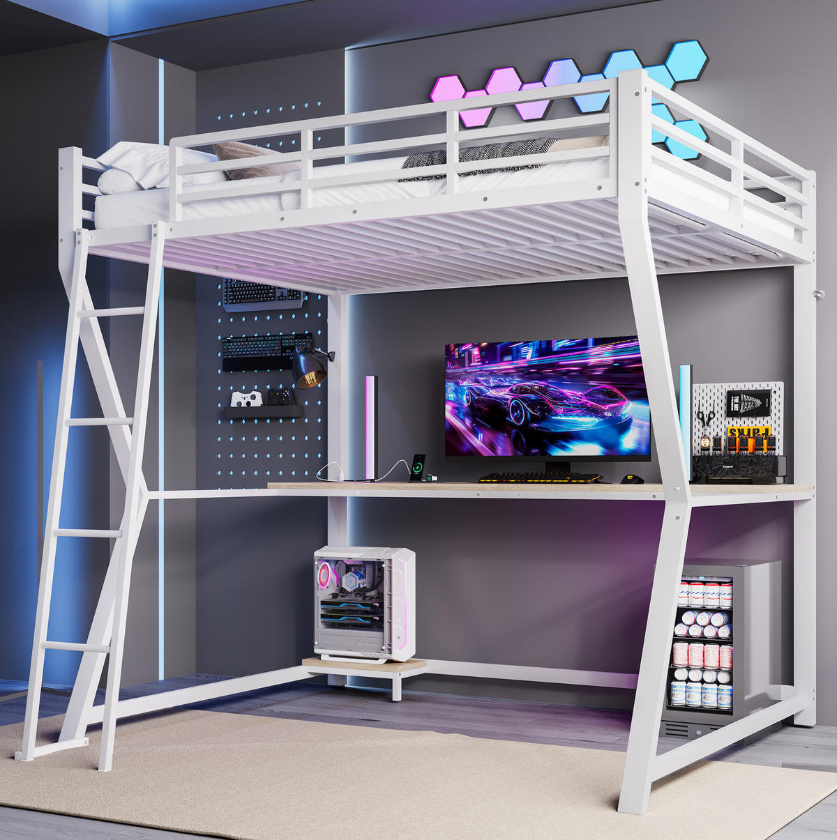 HOCHBETT mit Schreibtisch 140/200 cm in Weiß – mit Treppe, LED-Licht und USB - Weiß, Metall (140/200cm) - BEAOK