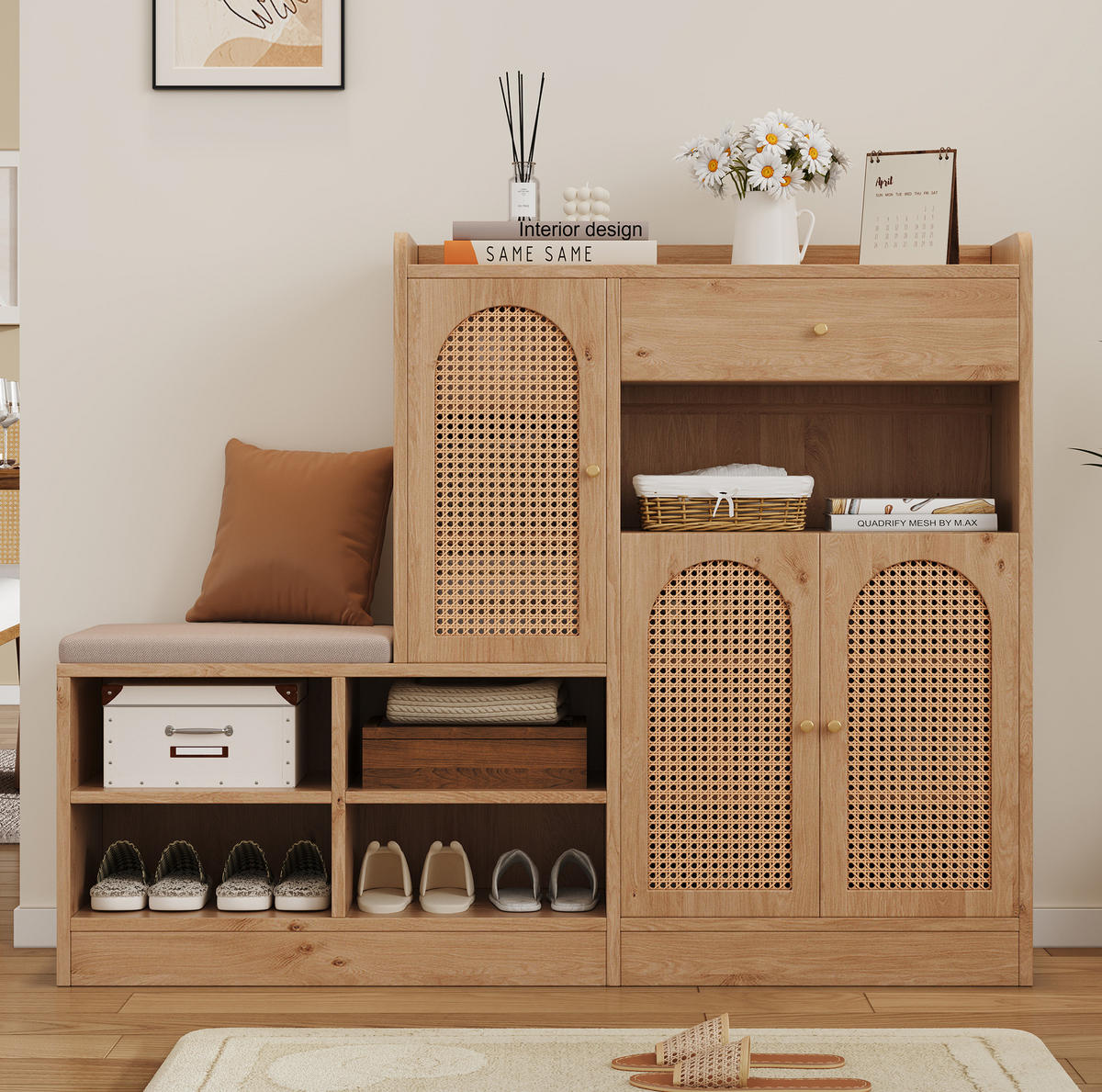 SCHUHSCHRANK 142/35/110 cm mit gepolsterter Sitzbank, Schublade und 3 Rattantüren aus Spanplatte, Natural - Naturfarben, Holzwerkstoff (142/110/35cm) - Redom