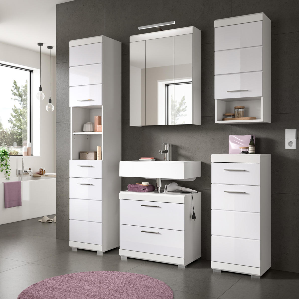 WASCHBECKENUNTERSCHRANK weiß Hochglanz 60 cm mit Schubkästen - Weiß Hochglanz/Silberfarben, Holzwerkstoff/Kunststoff (60/56/37cm) - Inn.Furn