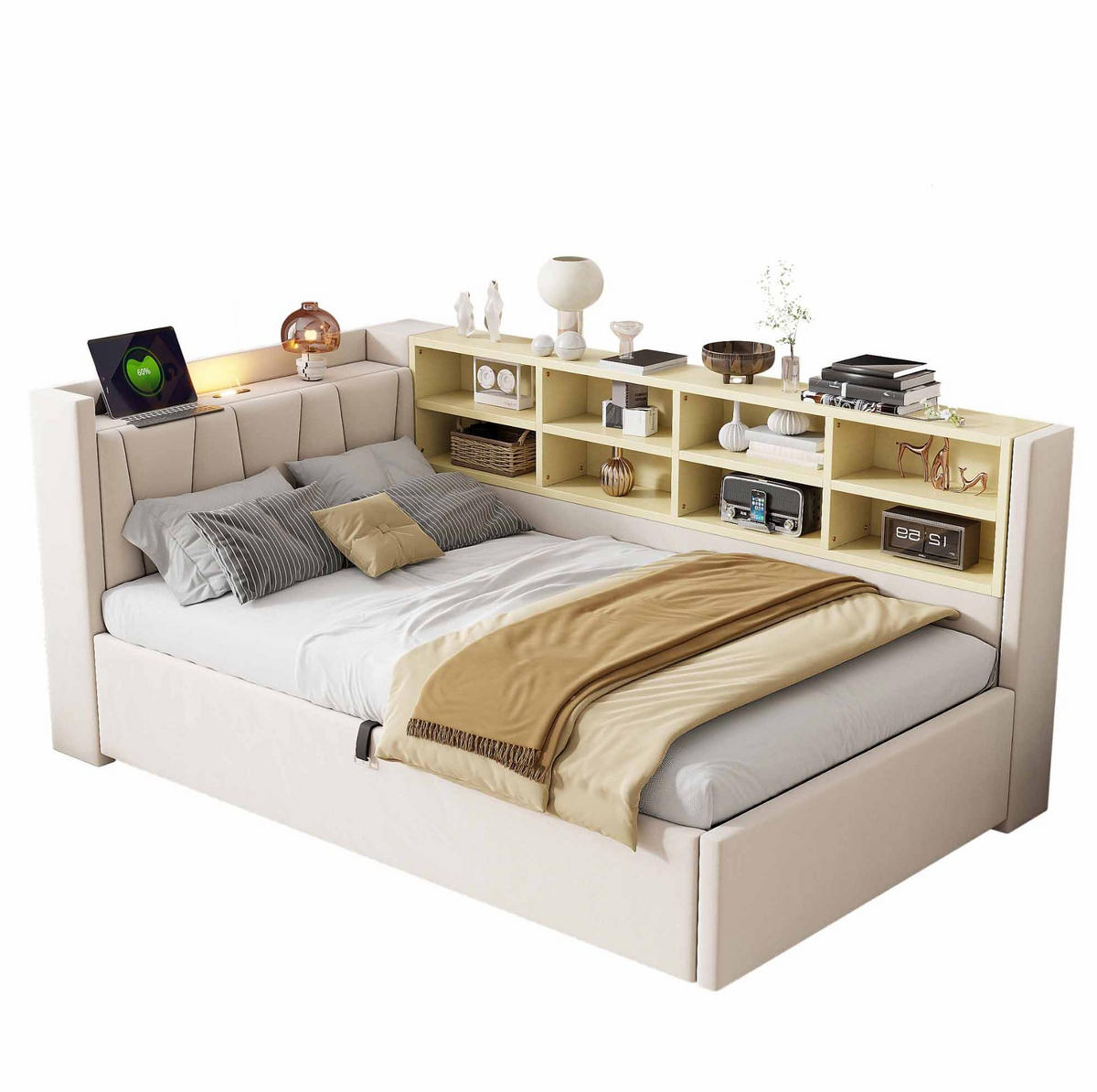 POLSTERBETT Schlafsofa aus Samt 90x200 cm Beige mit hydraulischem Stauraum, Nachtlicht, USB- und Typ-C-Anschluss - Beige, Textil (90/200cm) - Modfu