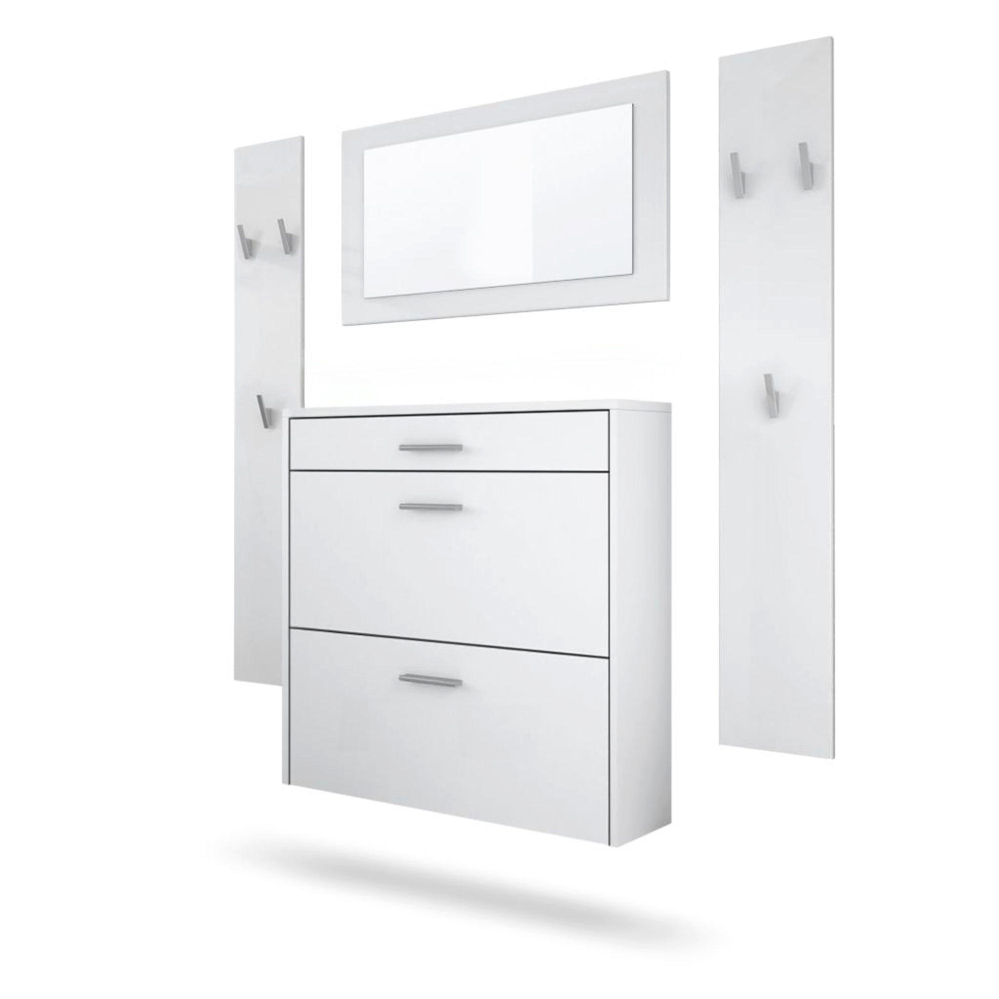 GARDEROBEN-SET Roma Air 4-teilig, Moderne Flurgarderoben Set mit Schuschrank, 2 Wandpaneele und Wandspiegel, Weiß matt - Weiß, Holzwerkstoff (190/200/23cm) - InnoFurn