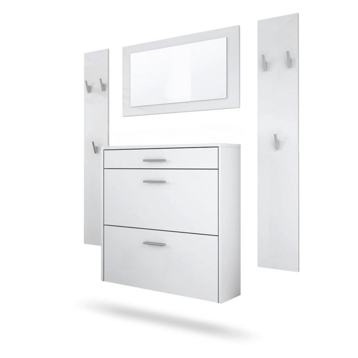 GARDEROBEN-SET Roma Air 4-teilig, Moderne Flurgarderoben Set mit Schuschrank, 2 Wandpaneele und Wandspiegel, Weiß matt - Weiß, Holzwerkstoff (190/200/23cm) - InnoFurn