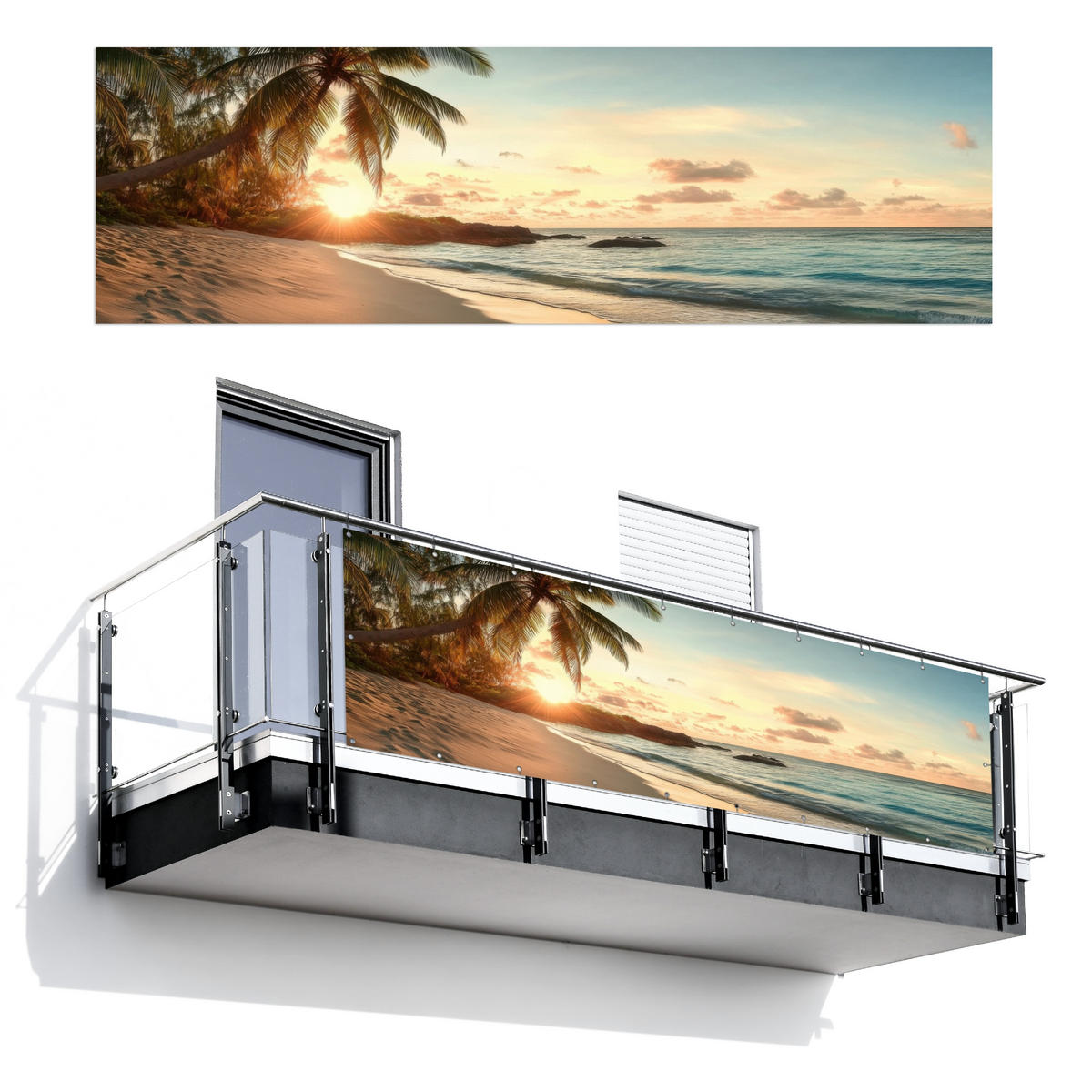 BALKON-SICHTSCHUTZ Strand - Palmen - Meer - Sonnenuntergang 300x90 cm - Samtahornfarben, Kunststoff (300/90cm) - MuchoWow