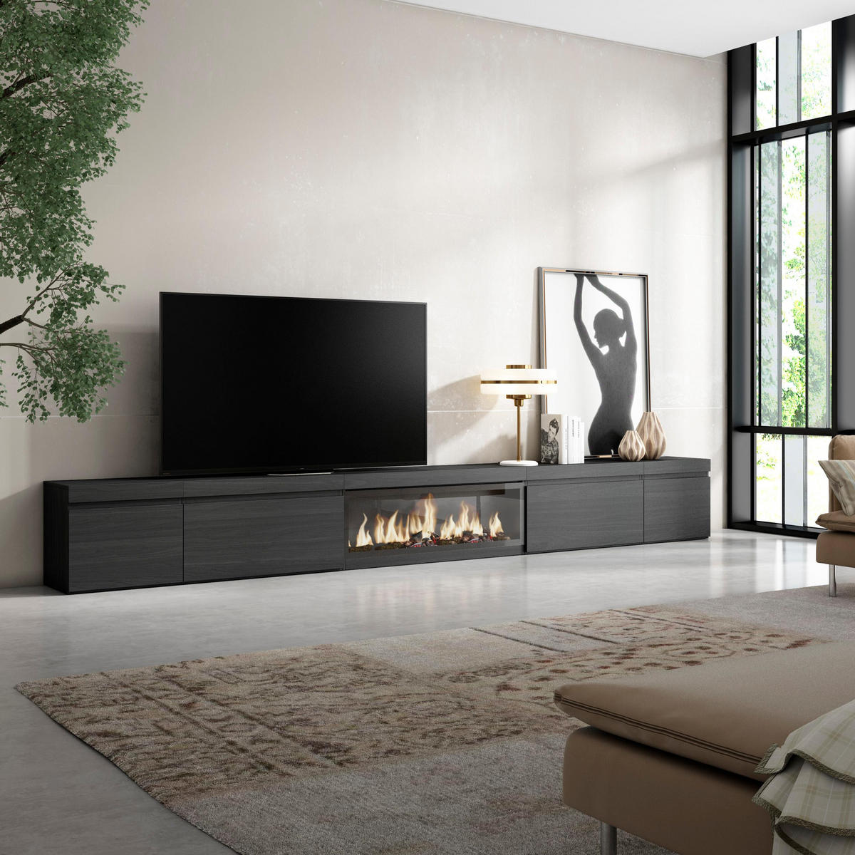 TV-SCHRANK Elektrokamin XXL, schwarz, 368/35/45cm - Schwarz, Holzwerkstoff (368/45/35cm) - Skraut Home