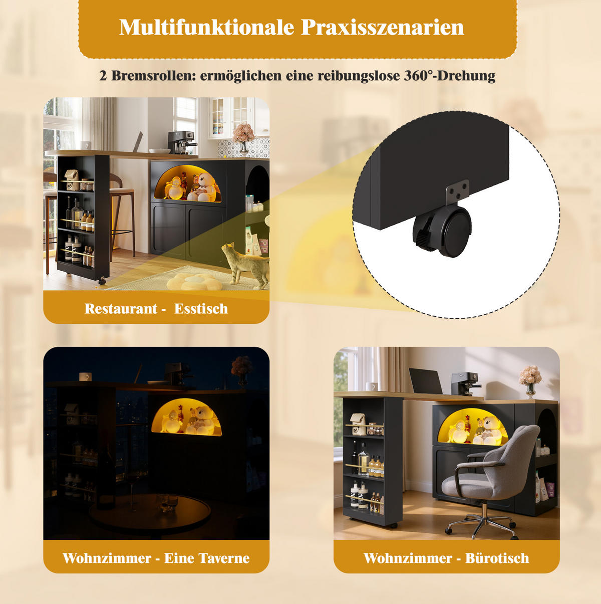 AUSZIEHBARER Bartisch MDF mit Stauraum & LED, 135-205/39/100 cm, Schwarz - Schwarz, Holzwerkstoff (39/100/135cm) - Redom