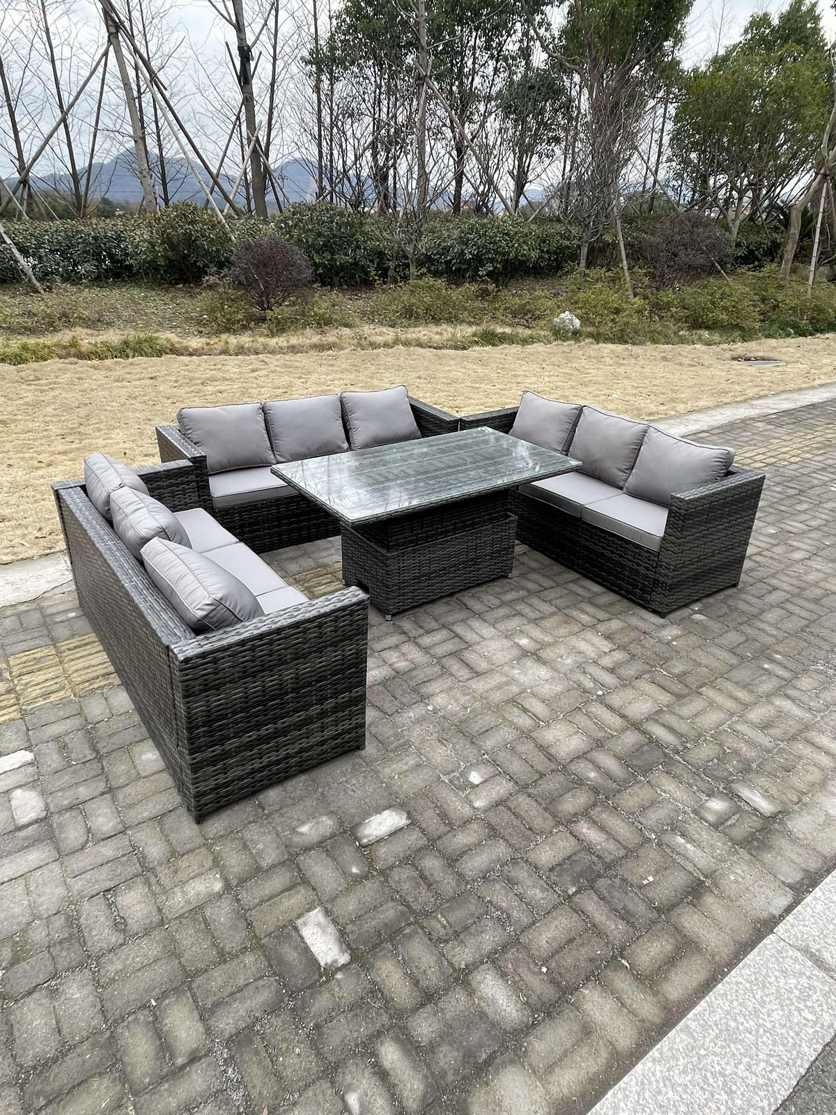 GARTENSET Polyrattan 9-Sitzer - Dunkelgrau/Grau, Glas/Kunststoff - Fimous
