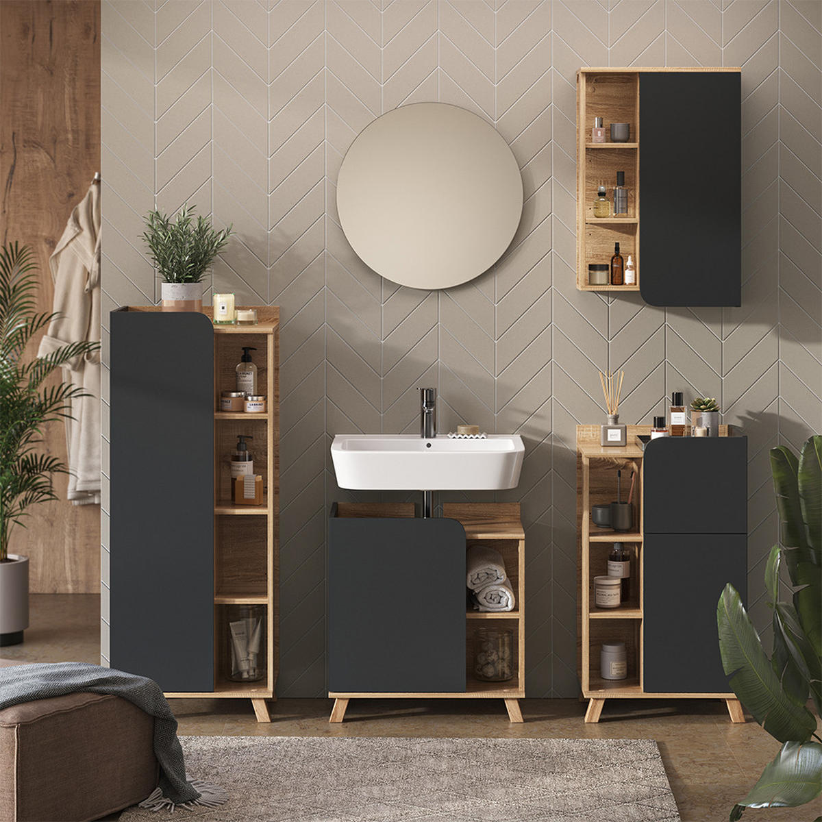 BADSCHRANK Karen Anthrazit 50 x 75 cm mit Tür und offenen Fächern - Anthrazit, Holzwerkstoff (50/75/20cm) - Vicco
