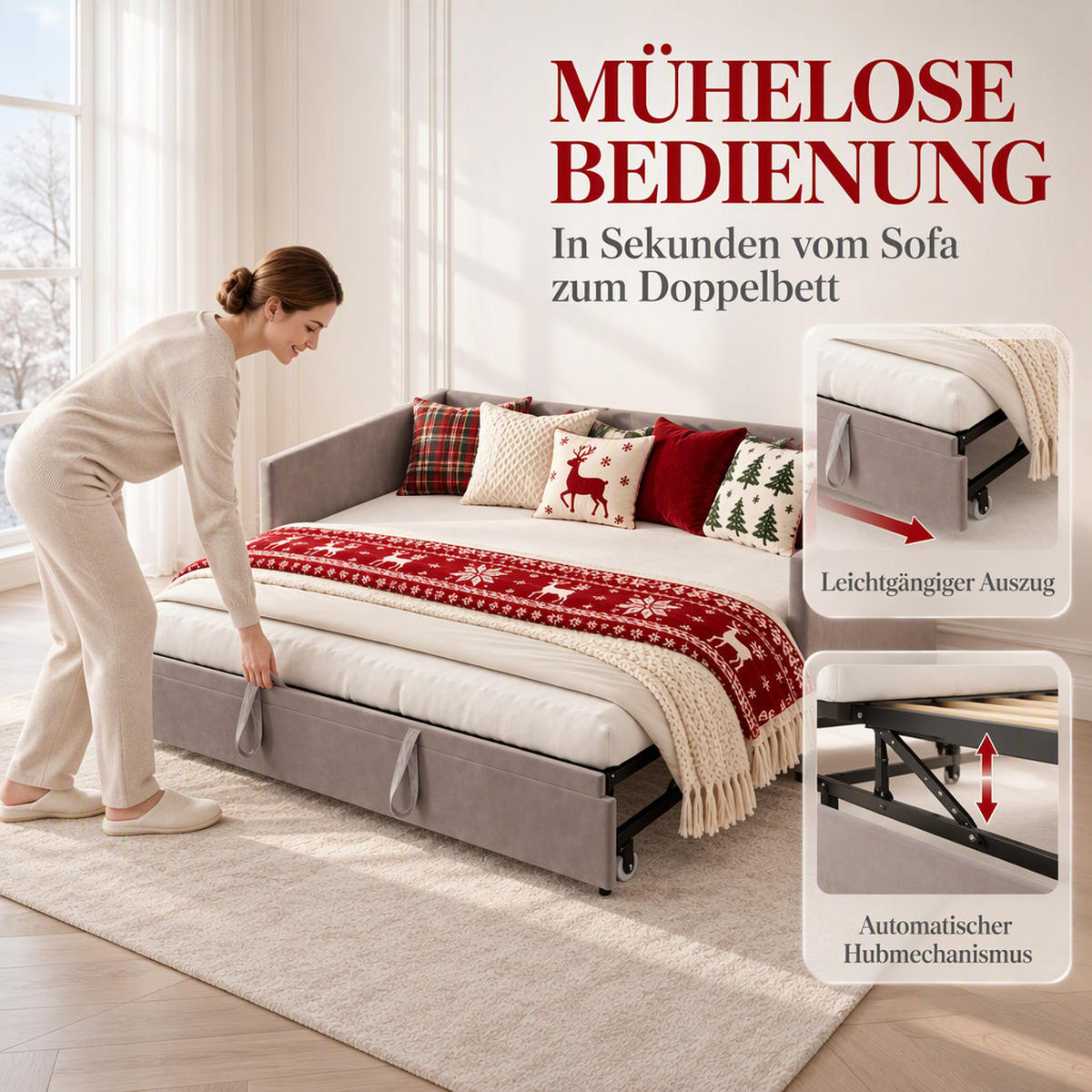TAGESBETT 90/180/200 cm,Ausziehbar Schlafsofa,Grau,Polsterbett Samtstoff - Grau, Holz/Metall (180/200cm) - PARAFTA HOME