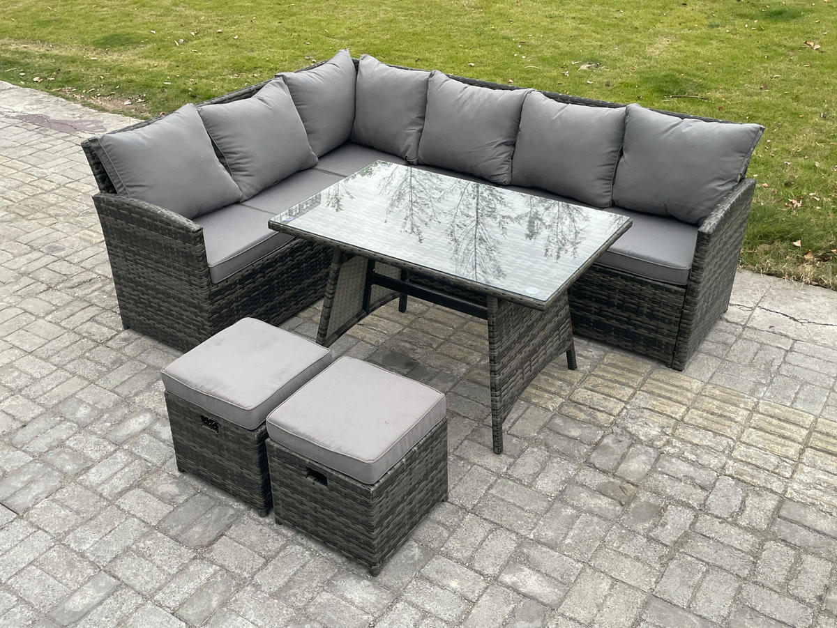 SITZGRUPPE mit Ecksofa Polyrattan Dunkelgrau 8-Sitzer - Dunkelgrau/Grau, Glas/Kunststoff - Fimous