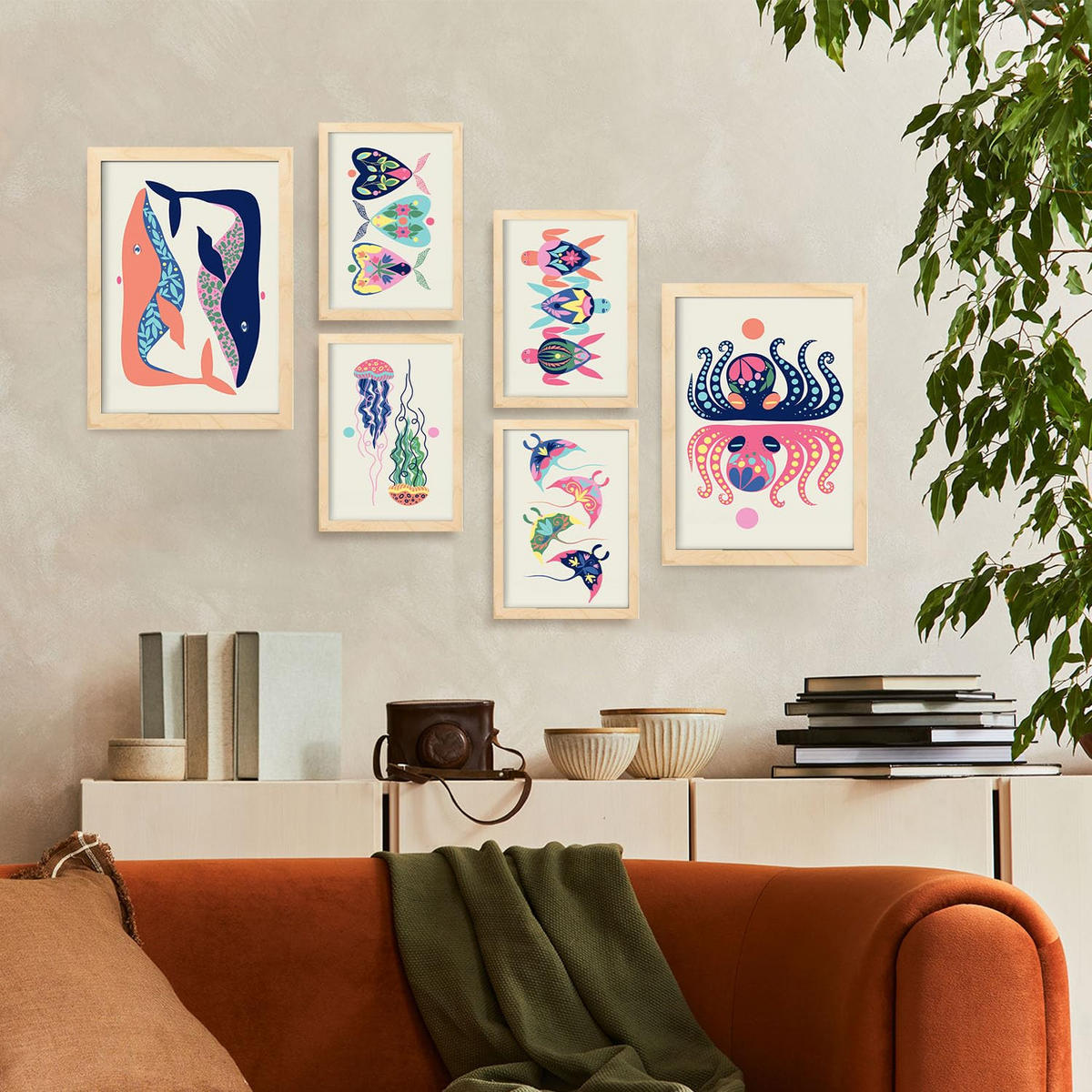POSTER Set Mit 6 Kreaturen Frames 2 In Tiere Abstracts Ästhetische Dekorative Gemälde Für Ihr Wohnzimmer Zuhause A3 & A4 Rahmen Aus Hellem Holz - Beige, Papier (29/3cm) - Nacnic