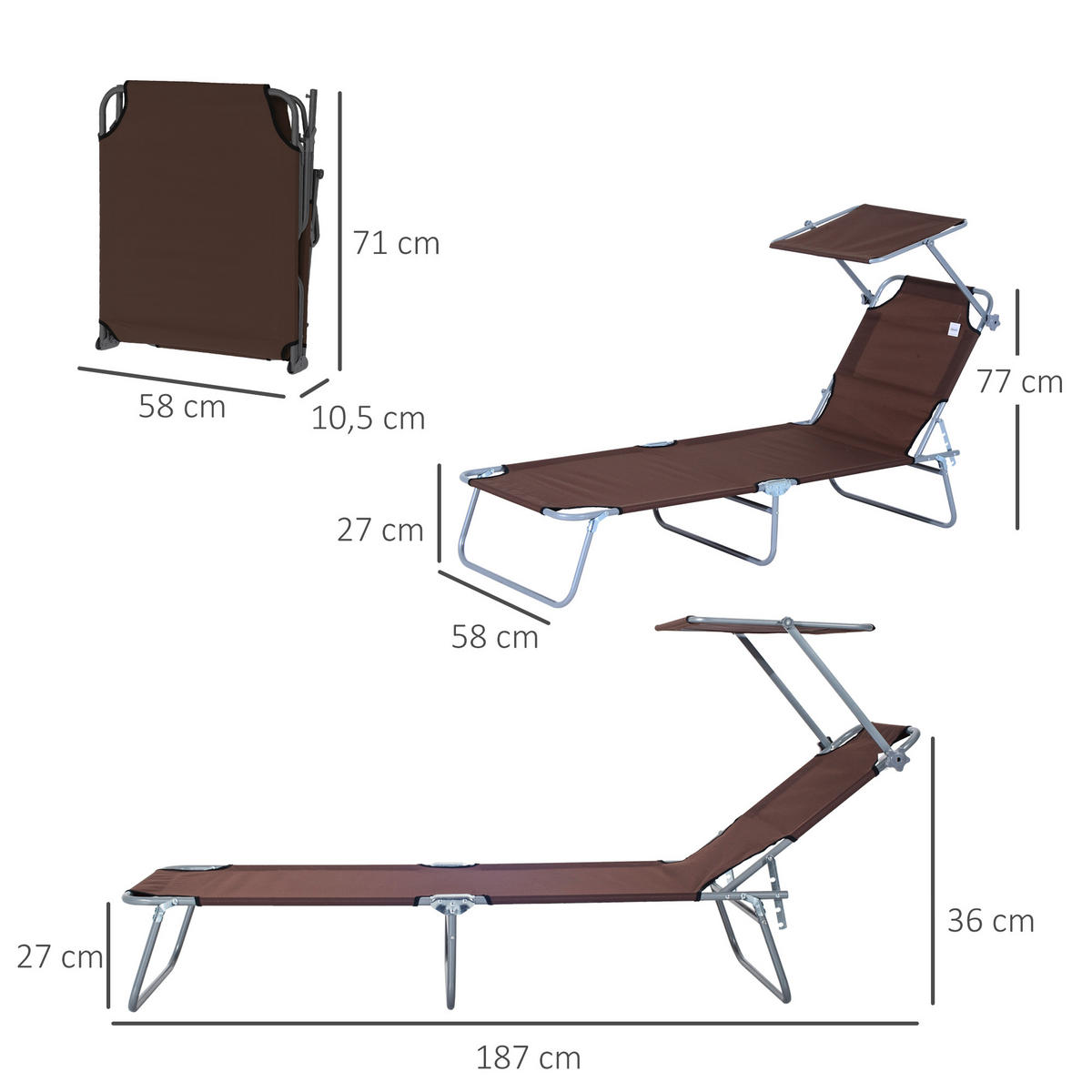 SONNENLIEGE mit Sonnenschutz, Braun - Braun, Metall (58/27/187cm) - Outsunny