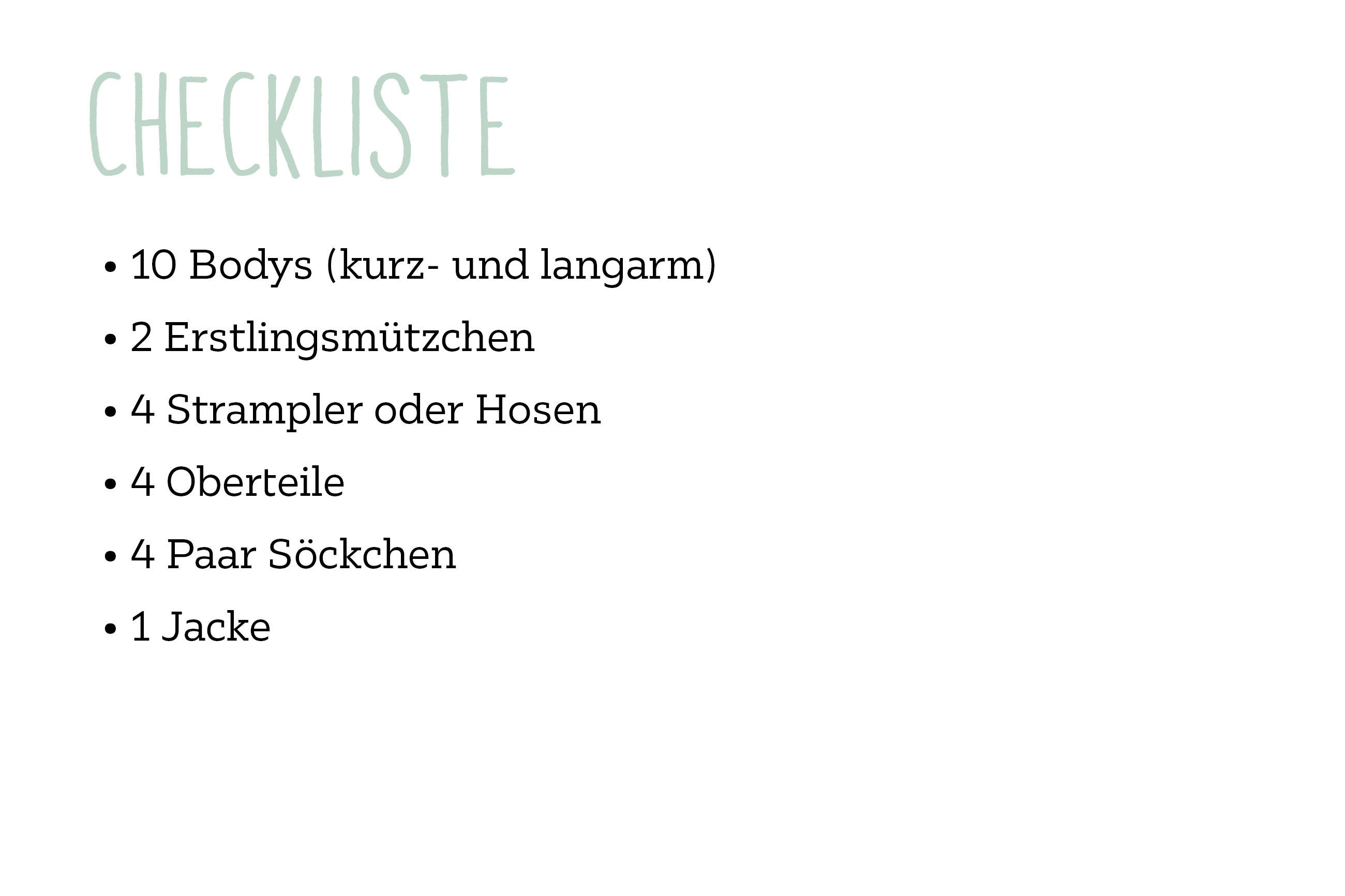 Checkliste für Babykleidung mit rosa Hintergrund, zeigt eine Liste mit empfohlenen Kleidungsstücken wie Bodys, Mützchen, Strampler, Oberteile, Söckchen und Jacke