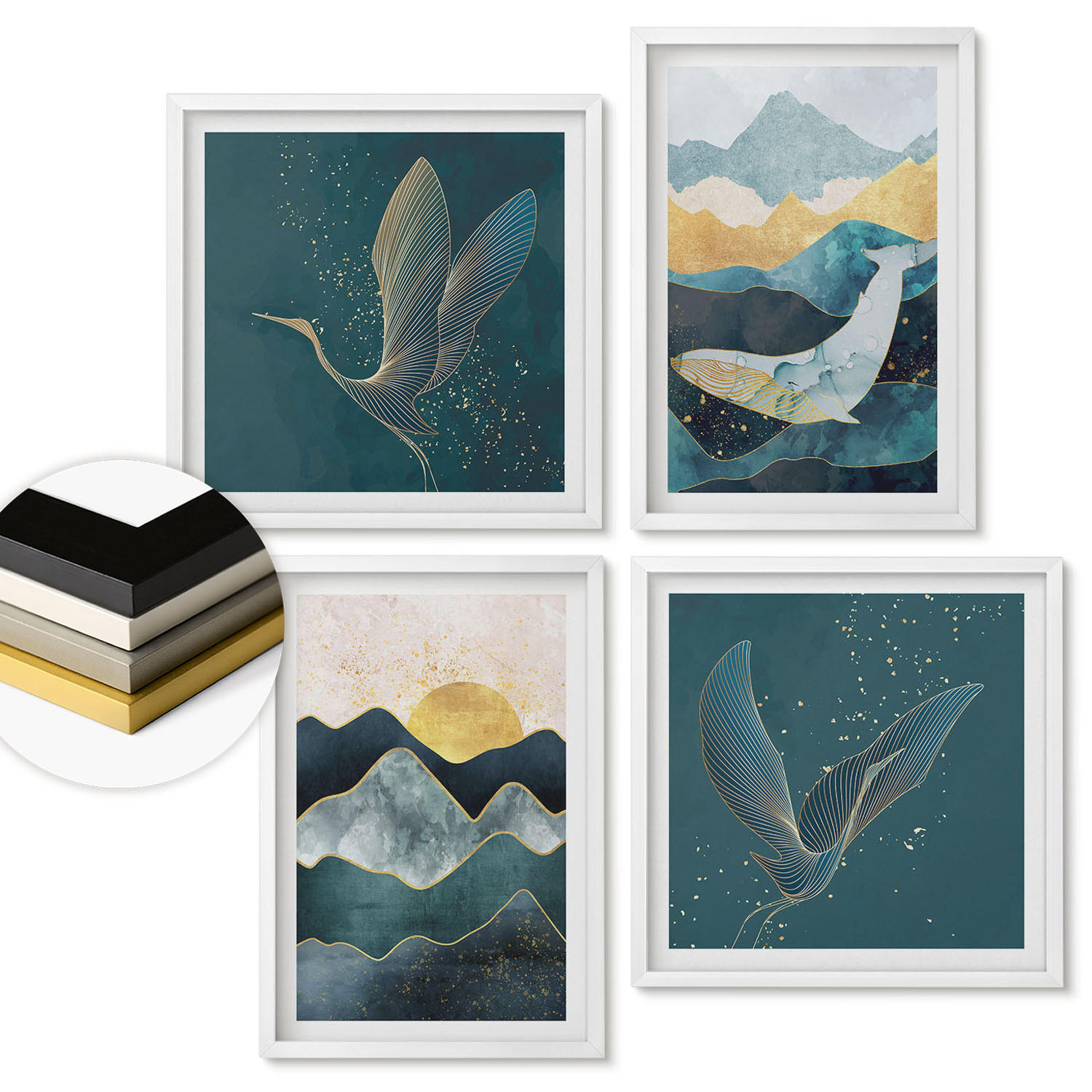 WANDBILDER 4er-Set - 50x50 cm & 40x60 cm Weißer Rahmen - Abstrakte Kranichberge - Weiß, Kunststoff (50/50cm) - ArtPrintCave