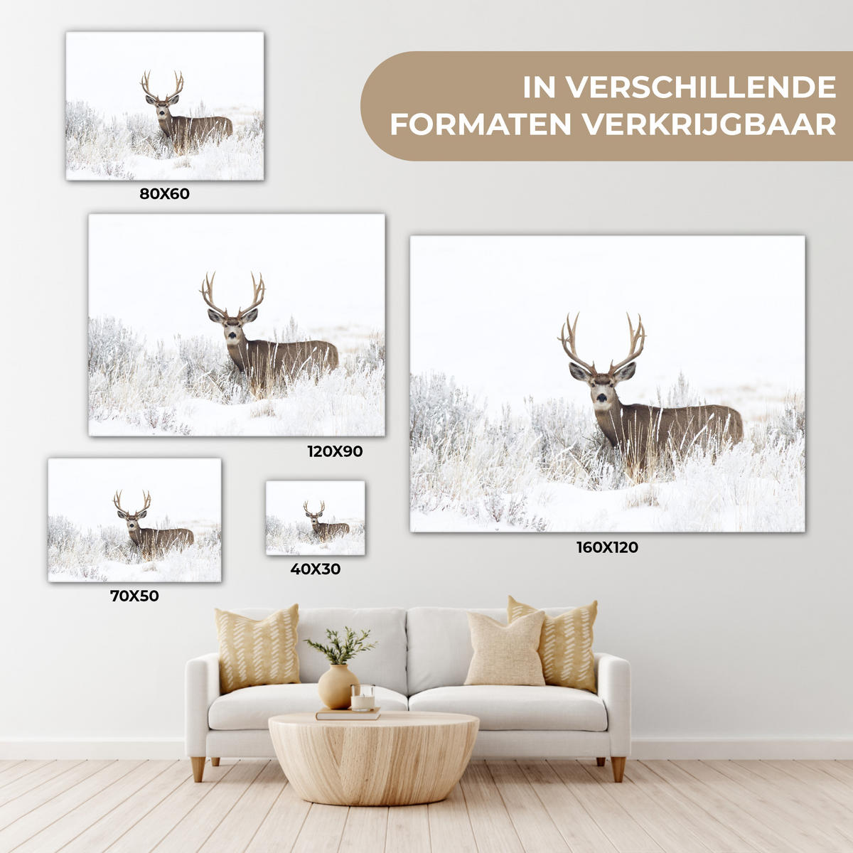 LEINWANDBILD Hirsche - Winter - Schnee - Tiere - Jahreszeiten - Weiß Wandbild 40x30 cm - Hellbraun, Textil (40/30cm) - MuchoWow