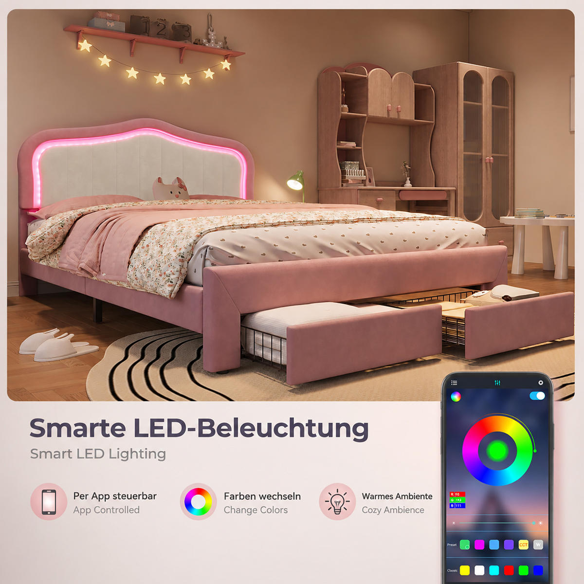 KINDER-POLSTERBETT aus Samt 140x200 cm Rosa mit Schubladen und App-gesteuerter LED-Beleuchtung - Pink, Textil (140/200cm) - Modfu
