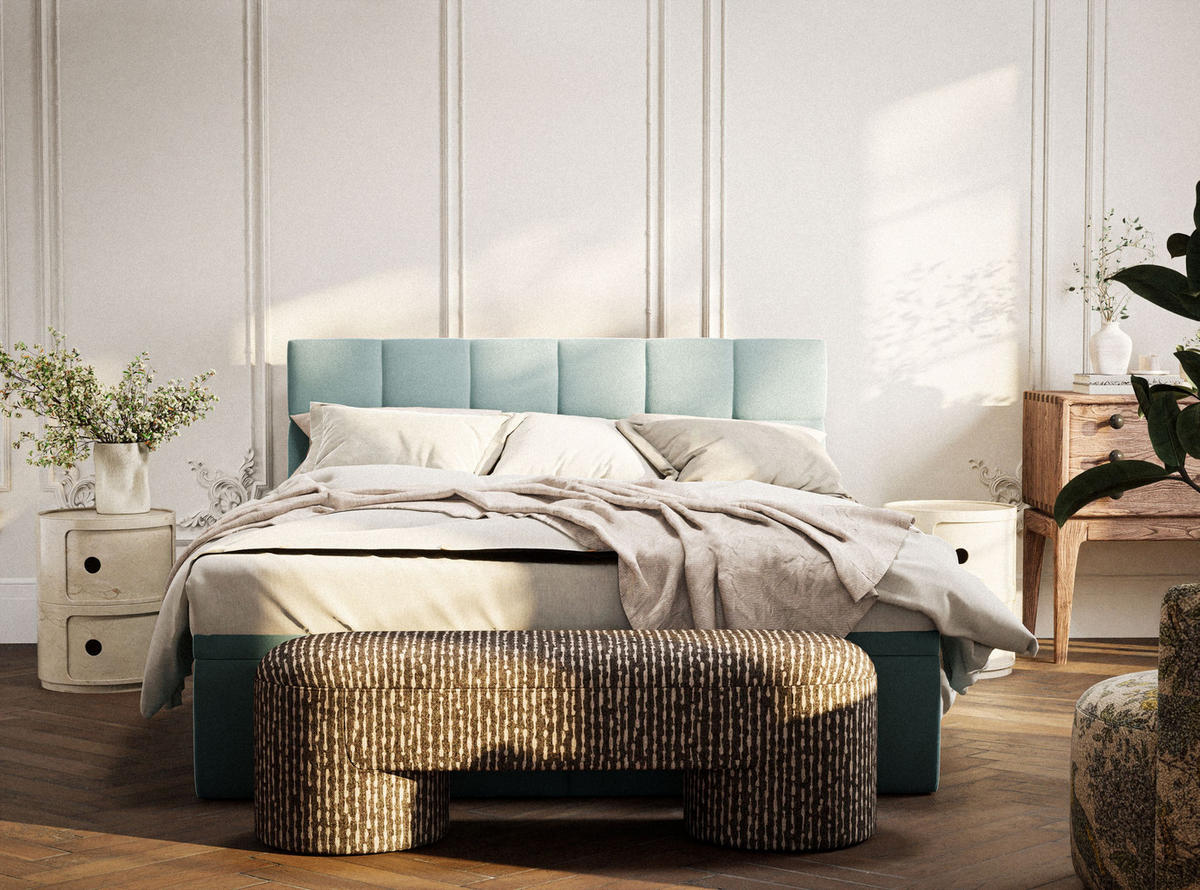 BOXBETT 200/200 cm Gotu S, in Türkis, Matratze, gepolstertes Kopfteil, Bettkasten, H3 = fest - Türkis/Schwarz, Holz/Holzwerkstoff (200/200cm) - Maison de Reve