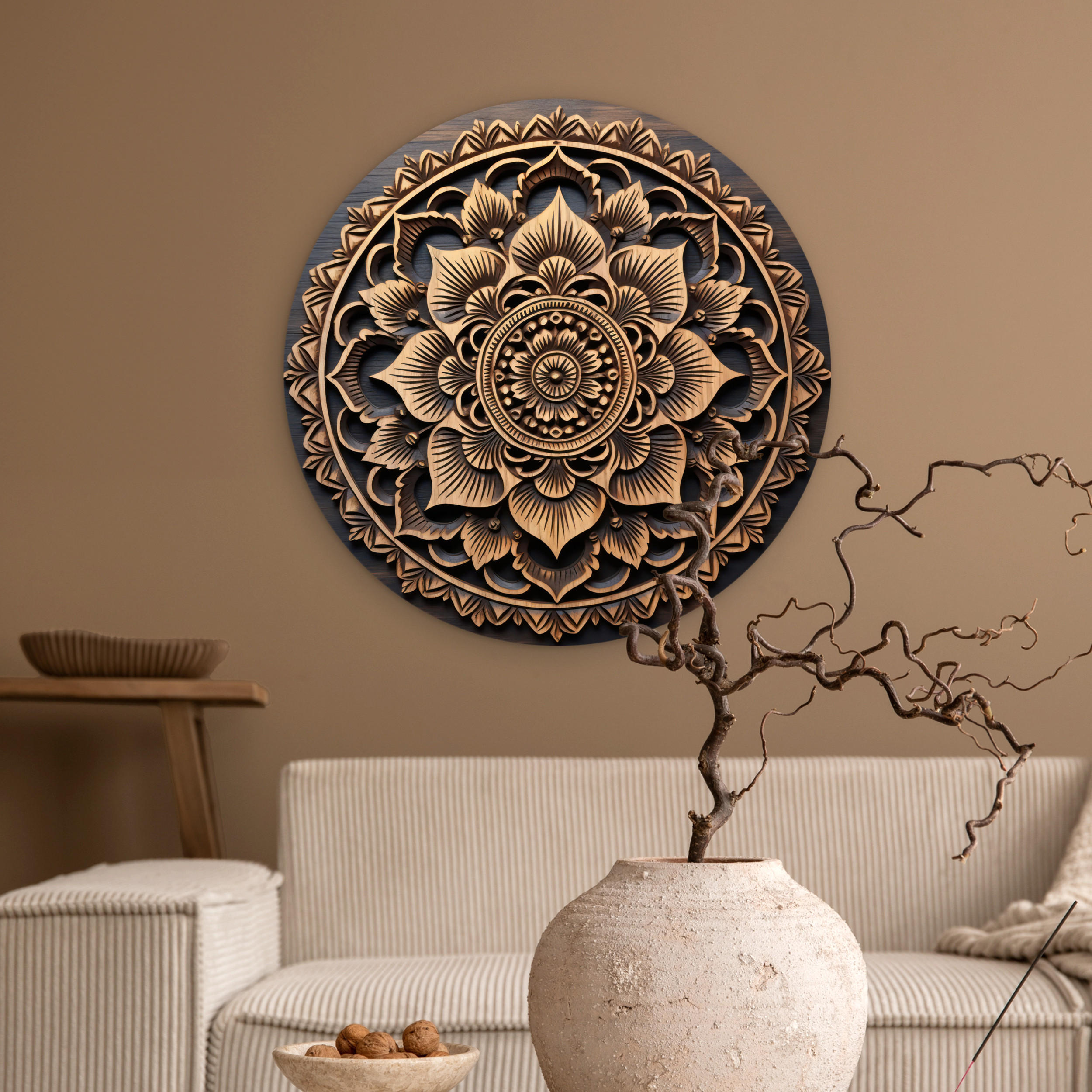 WANDBILD Mandala - Holz - Blumen - Braun 60x60 cm - Gelb, Kunststoff (60/60cm) - MuchoWow