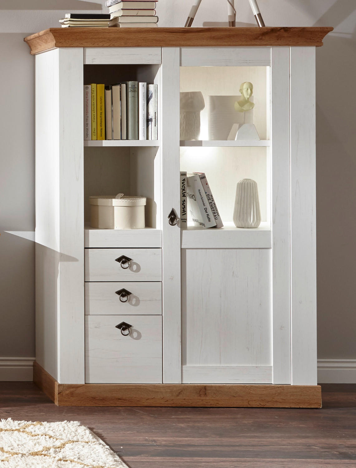 VITRINE weiß Pinie, Eiche 102 x 139 cm, Highboard im Landhaus-Stil - Eiche Wotan/Weiß, Glas/Holzwerkstoff (102/139/44cm) - Furn.Design