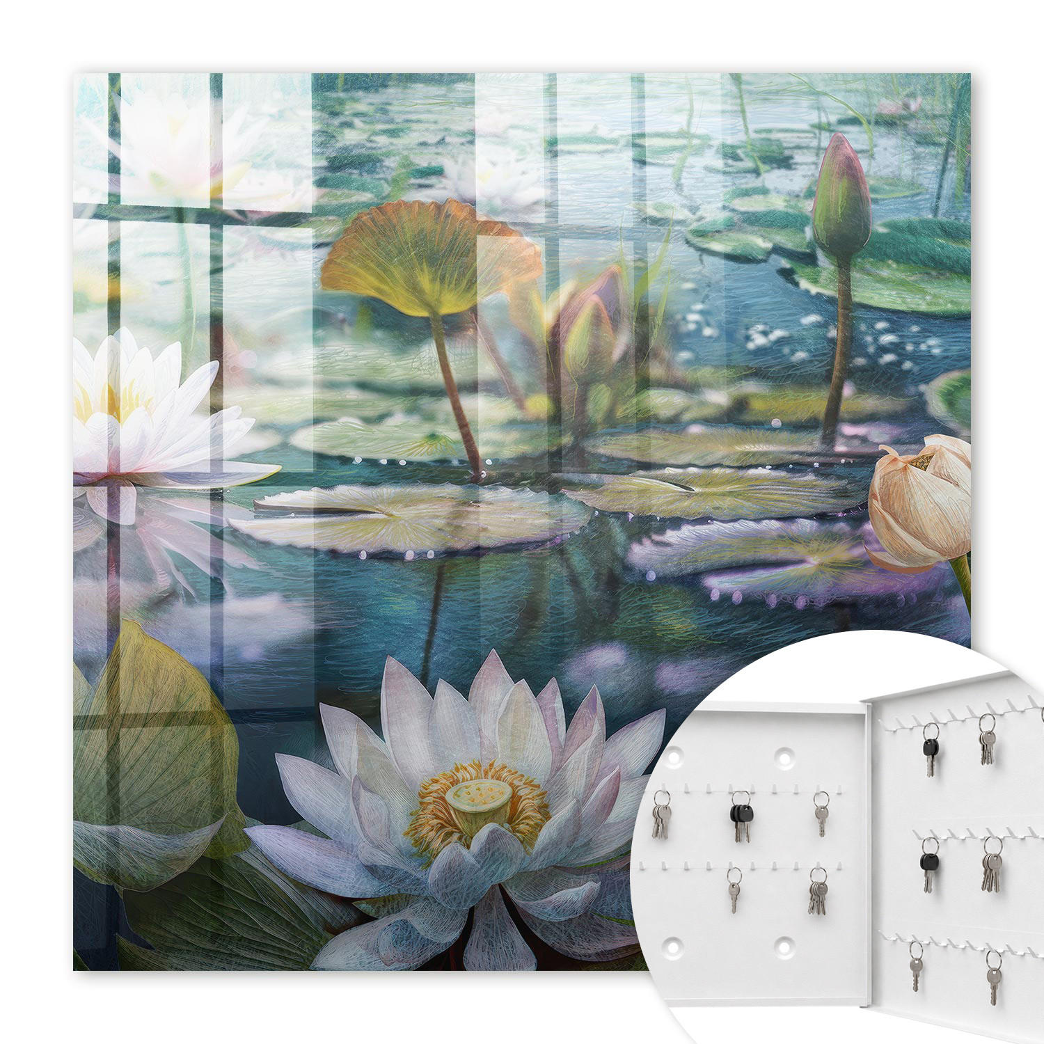 SCHLÜSSELBOX Weiß 30x30 cm – Türöffnung nach rechts - Wasserblumen - Grün, Metall (30/30/5cm) - TULUP