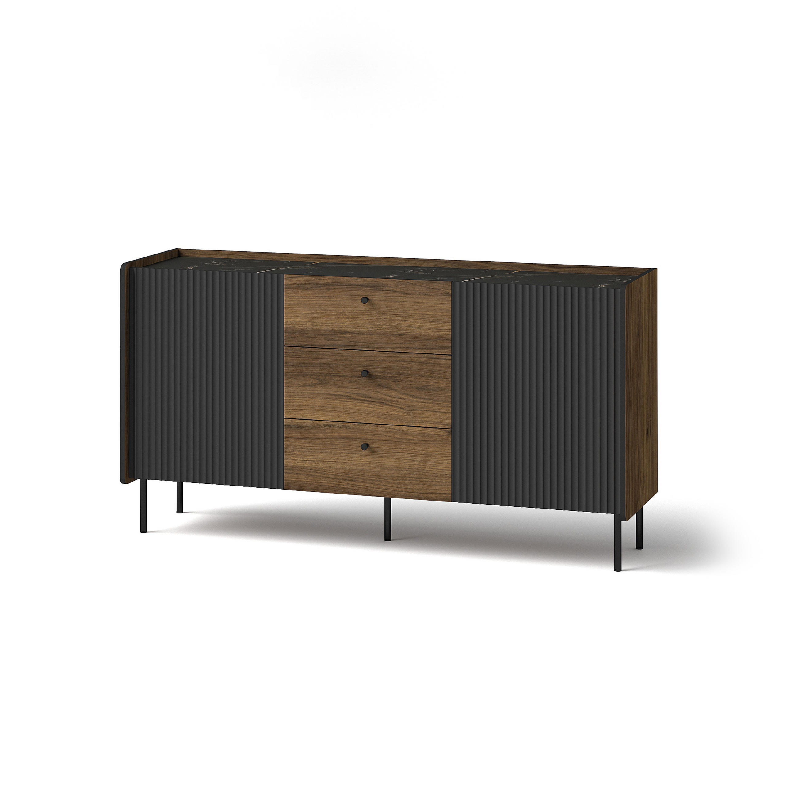 KOMMODE Prestigo Schwarz, Warmia Walnuss, Zweitürige Kommode mit Schubladen - Walnussfarben/Schwarz, Holzwerkstoff (150/78/40cm) - Bettso