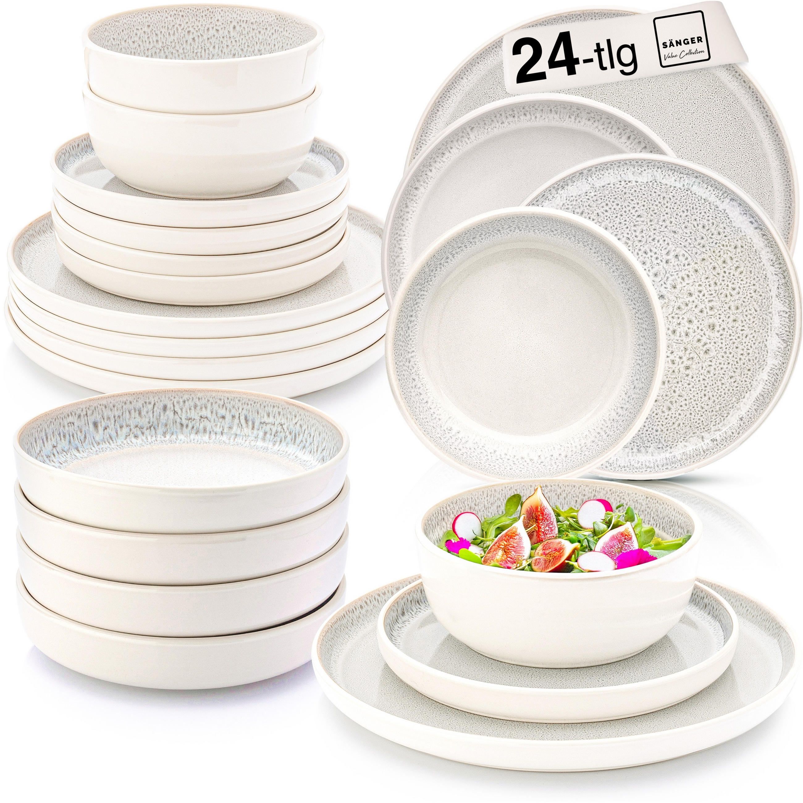 TAFELSERVICE KRETA - 24 teilig aus Steingut - Creme, Stein (27/6.5/27cm) - Sänger