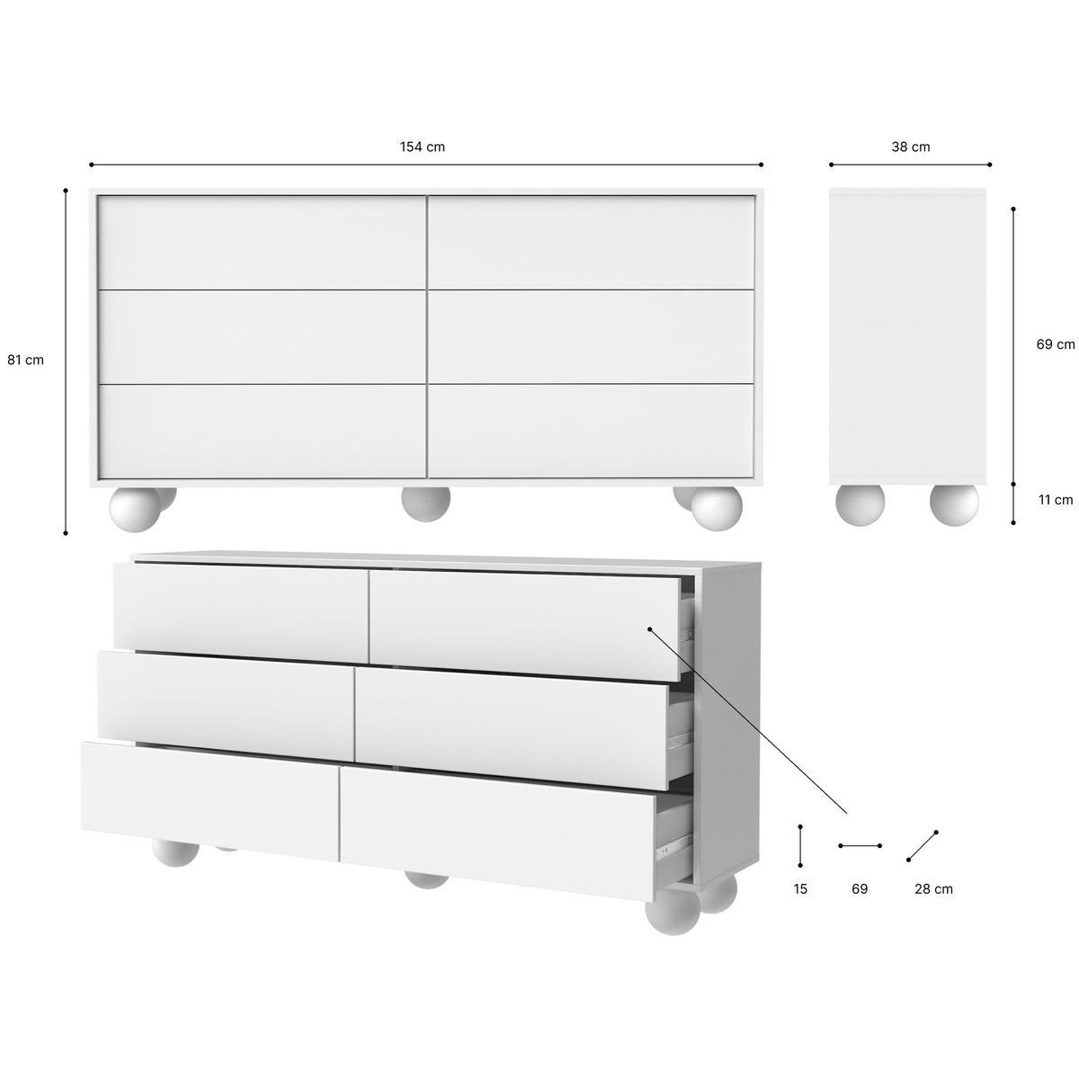 KOMMODE Adel mit 6 Schubladen und runden Füßen, 154 cm, Griffloss, Weiß - Weiß, Holzwerkstoff (154/81/38cm) - Beautysofa