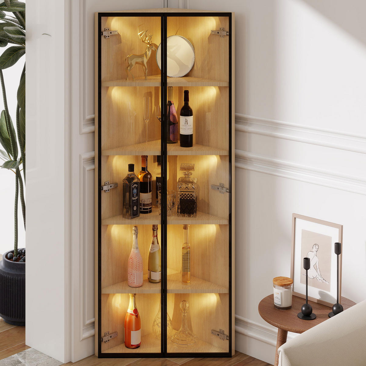 VITRINE 62cm Eiche Glas LED Eckvitrine modern - Eichefarben, Holzwerkstoff (62/160/35cm) - FLIEKS