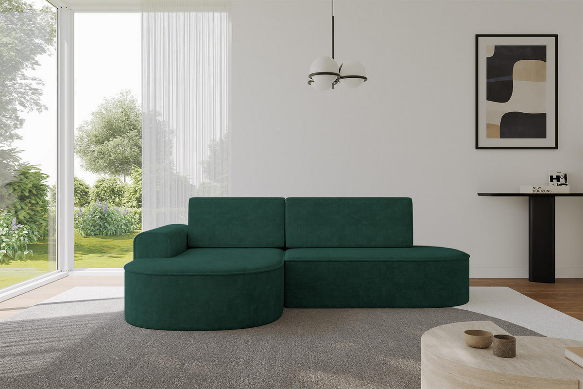 ECKSOFA mit Schlaffunktion und Bettkasten Ottomane Links MARI-L1-S - 283x167x73 cm Grün Velours - Waldgrün/Schwarz, Holzwerkstoff/Kunststoff (283/167cm) - ALTDECOR
