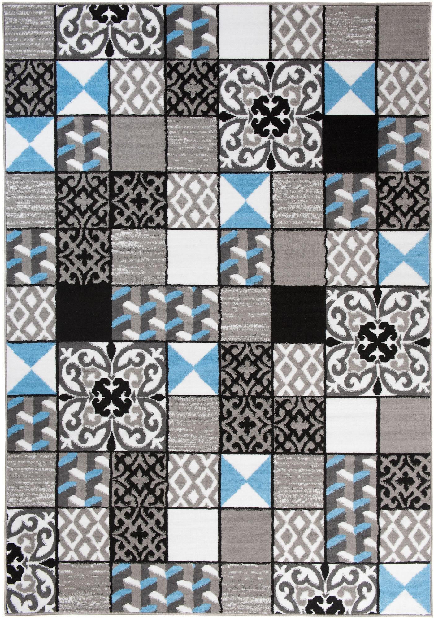 TEPPICH MAYA Blau Mosaik Karo Floral 120/170 cm - Blau, Textil (120/170cm) - Tapiso