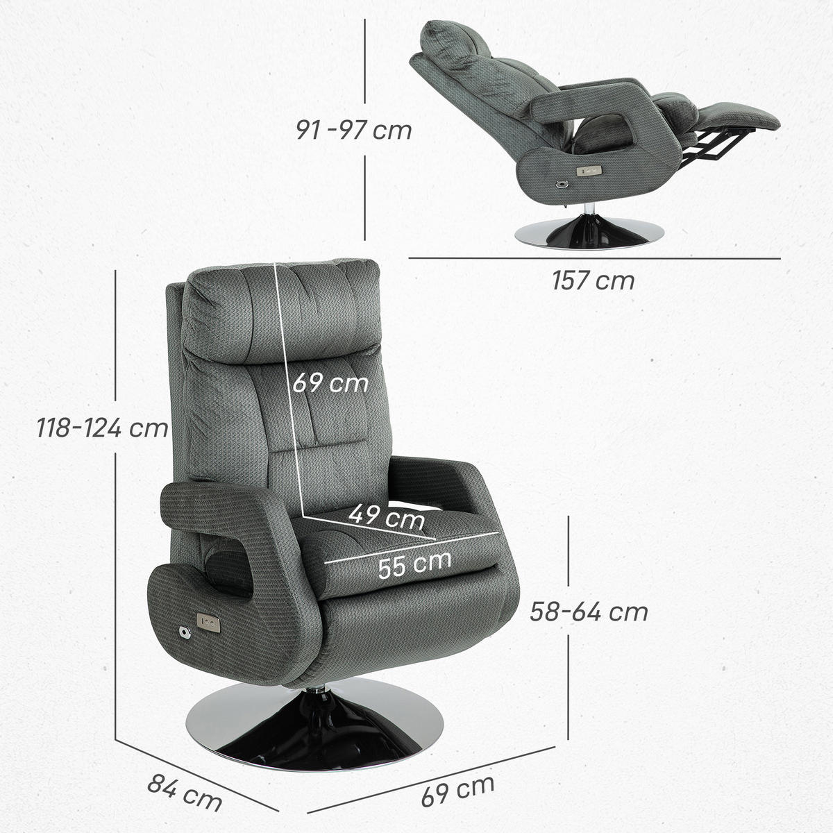 RELAXSESSEL elektrisch mit Liegefunktion, Dunkelgrau - Dunkelgrau, Textil (69/124/84cm) - HOMCOM