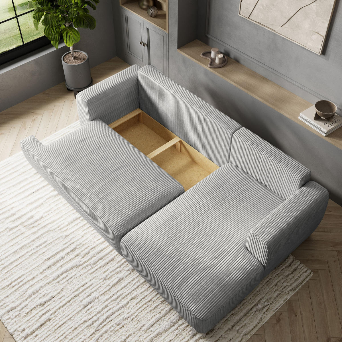 ECKSOFA SENTI P R-S Hellgrau Kordstoff mit Schlaffunktion - Hellgrau, Holz (246/148cm) - MASSENO