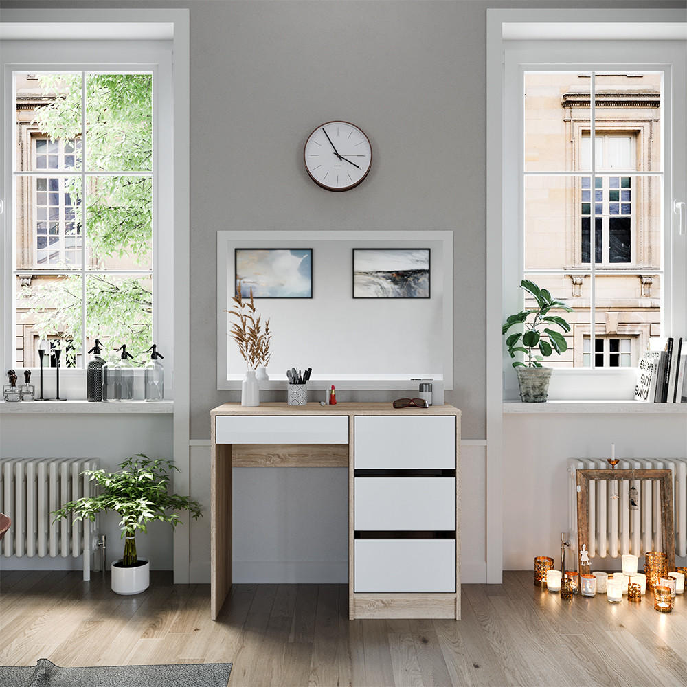 SCHREIBTISCH Sherry Sonoma 90 cm mit 4 Schubladen - Weiß/Sonoma Eiche, Holzwerkstoff (40/90/75cm) - Vicco