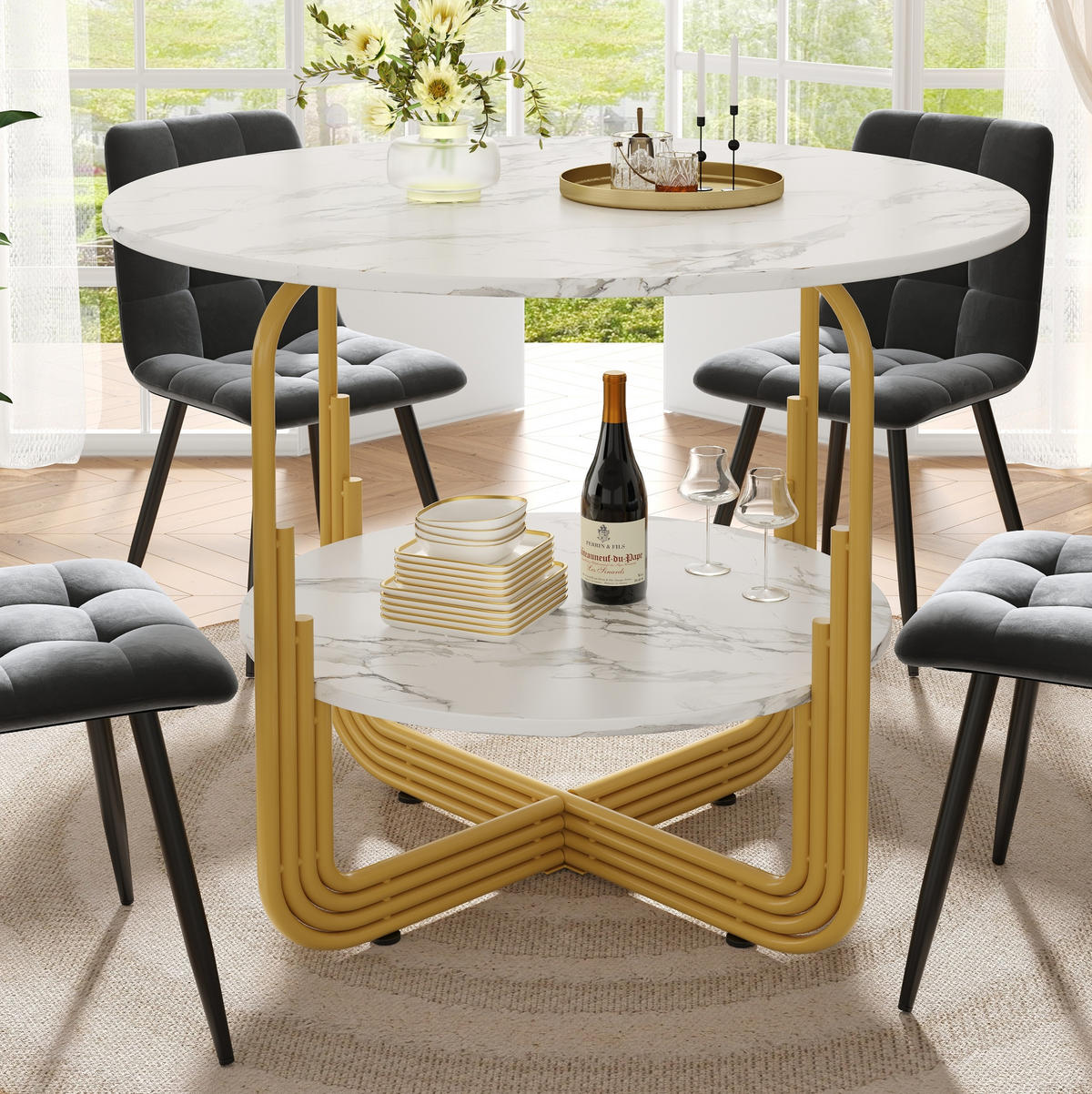 ESSTISCH rund 80/80/76 cm Gold MDF in Marmoroptik mit Ablage - Goldfarben, Holzwerkstoff (80/80/76cm) - OKWISH