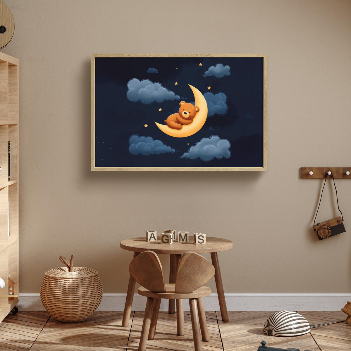 NACHTTISCHLAMPE MIT AKKU Teddybär - Mond - Wolken - Sterne 100x70 cm - Dunkelblau, Holzwerkstoff (8/100/70cm) - OnlyWow
