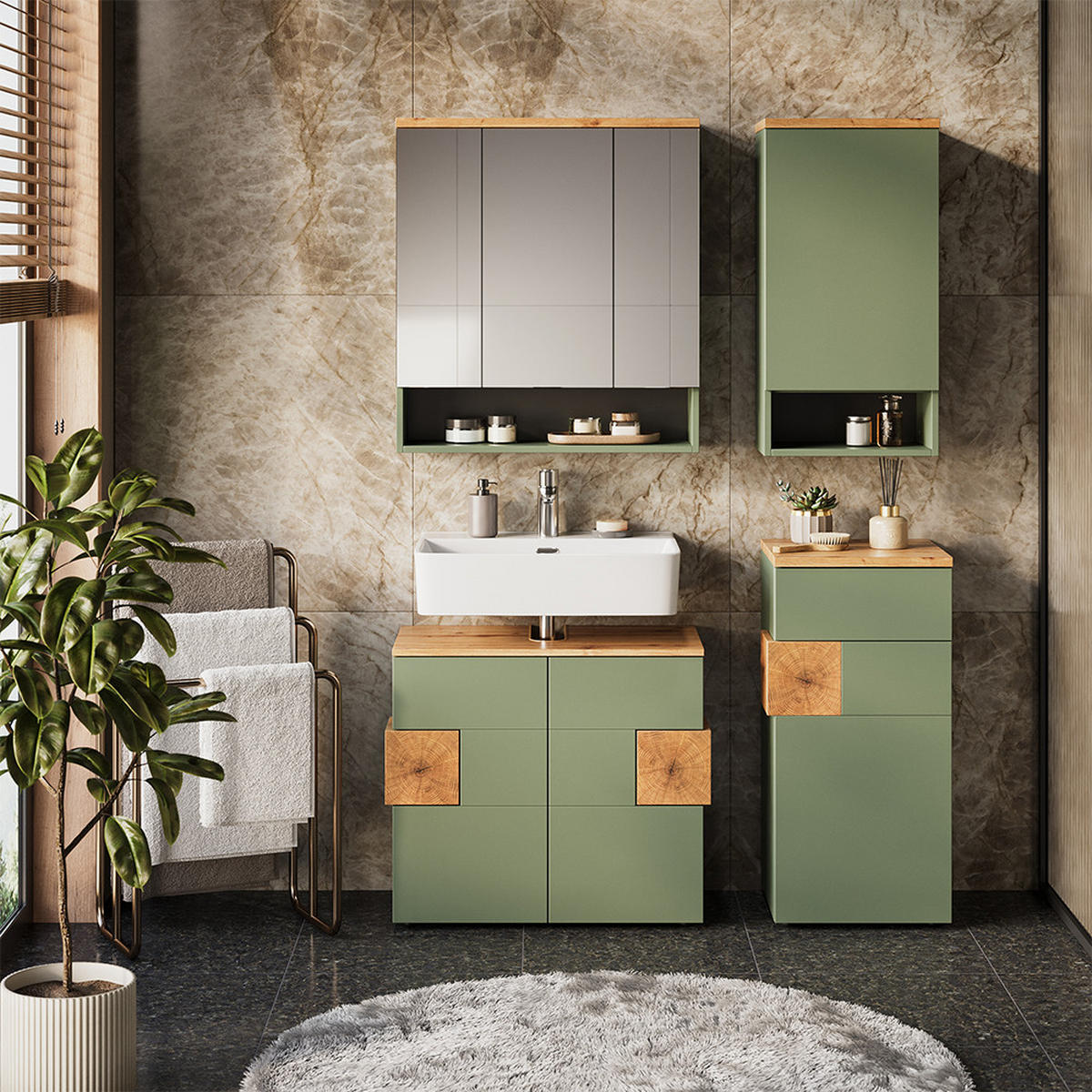 BADMÖBEL-SET Eden Grün/Artisan 4 Teile - Hellgrau/Grün, Holzwerkstoff (76/64/37cm) - Vicco