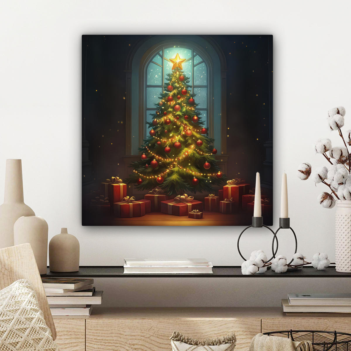 LEINWANDBILD Weihnachtsbaum - Geschenk - Winter Wandbild Wohnzimmer 50x50 cm - Grün, Textil (50/50cm) - MuchoWow