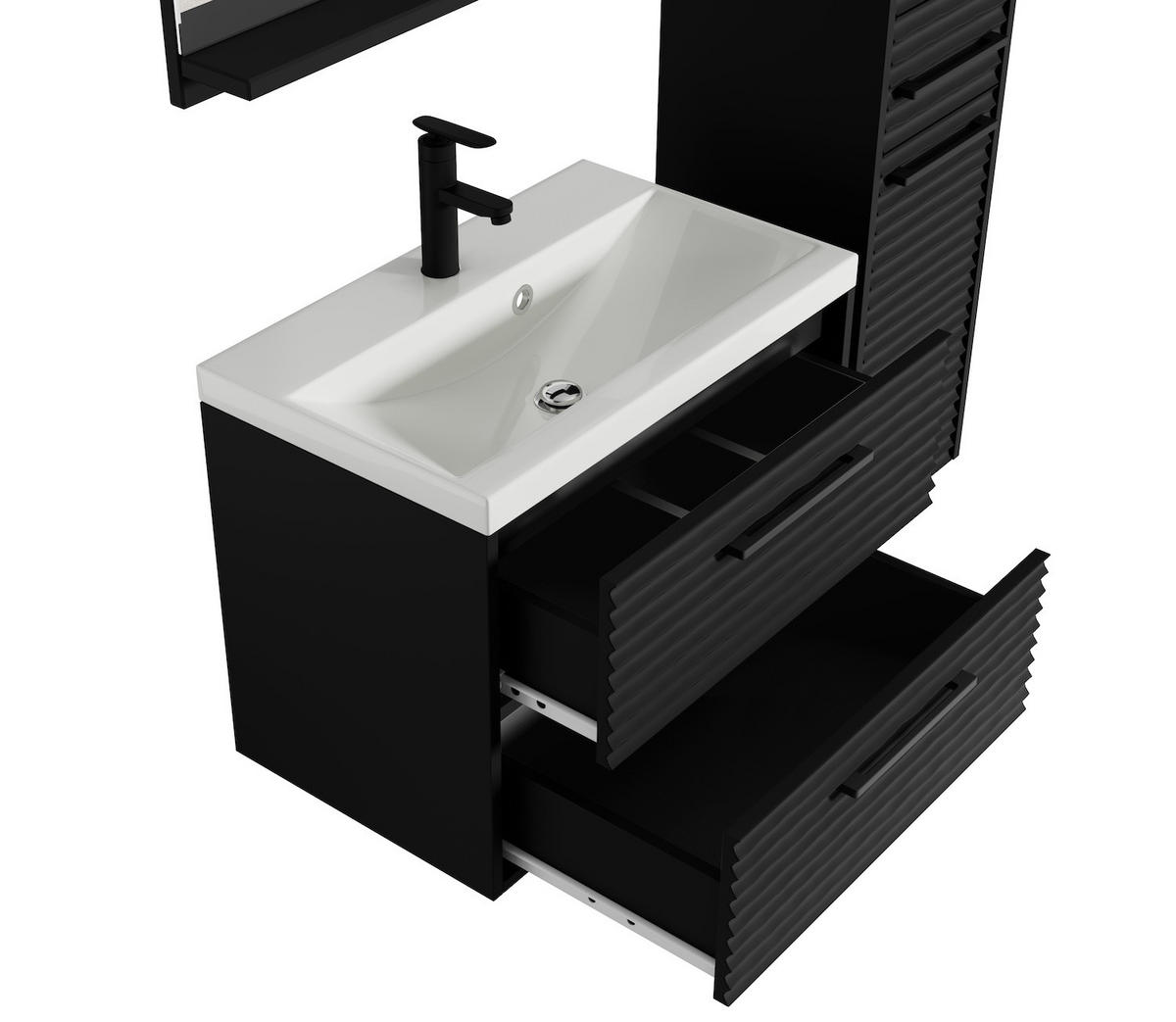 BADMÖBEL-SET Etna 4 Teile Schwarz Matt - 60 x 35 x 51 cm - Schwarz, Holz (60/51/35cm) - Badplaats