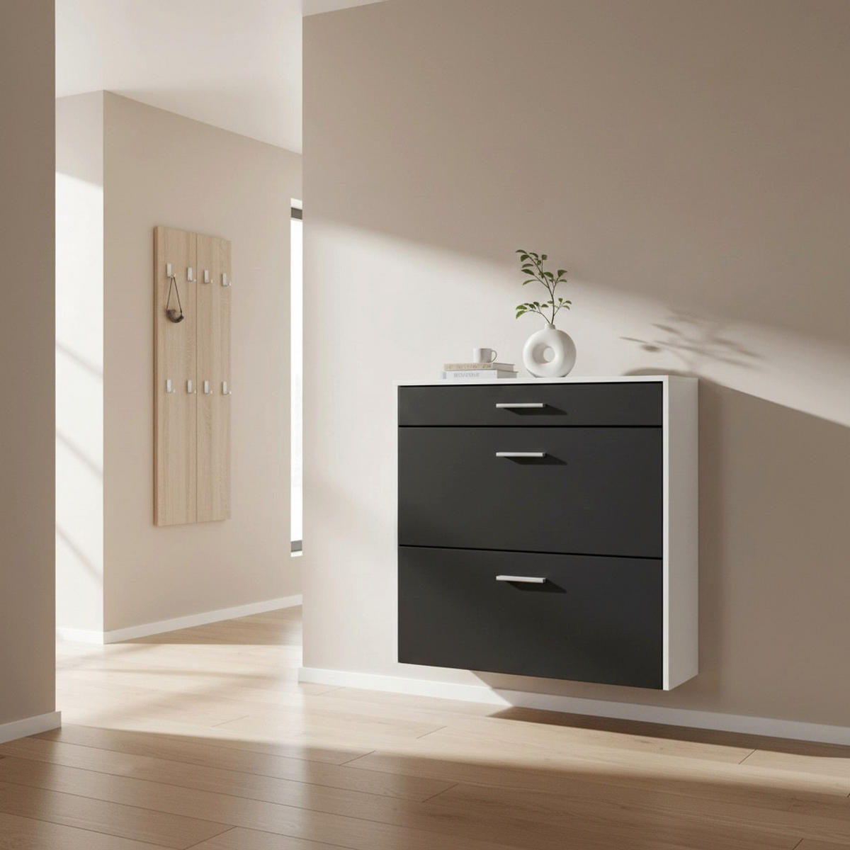 HÄNGENDER-SCHUHSCHRANK Roma Air Schmal mit 2 Klappen und 1 Schublade, Platzsparender Schuhkipper, Weiß matt/Schwarz matt (89 x 87 x 23 cm) - Schwarz, Holzwerkstoff (89/87/23cm) - InnoFurn