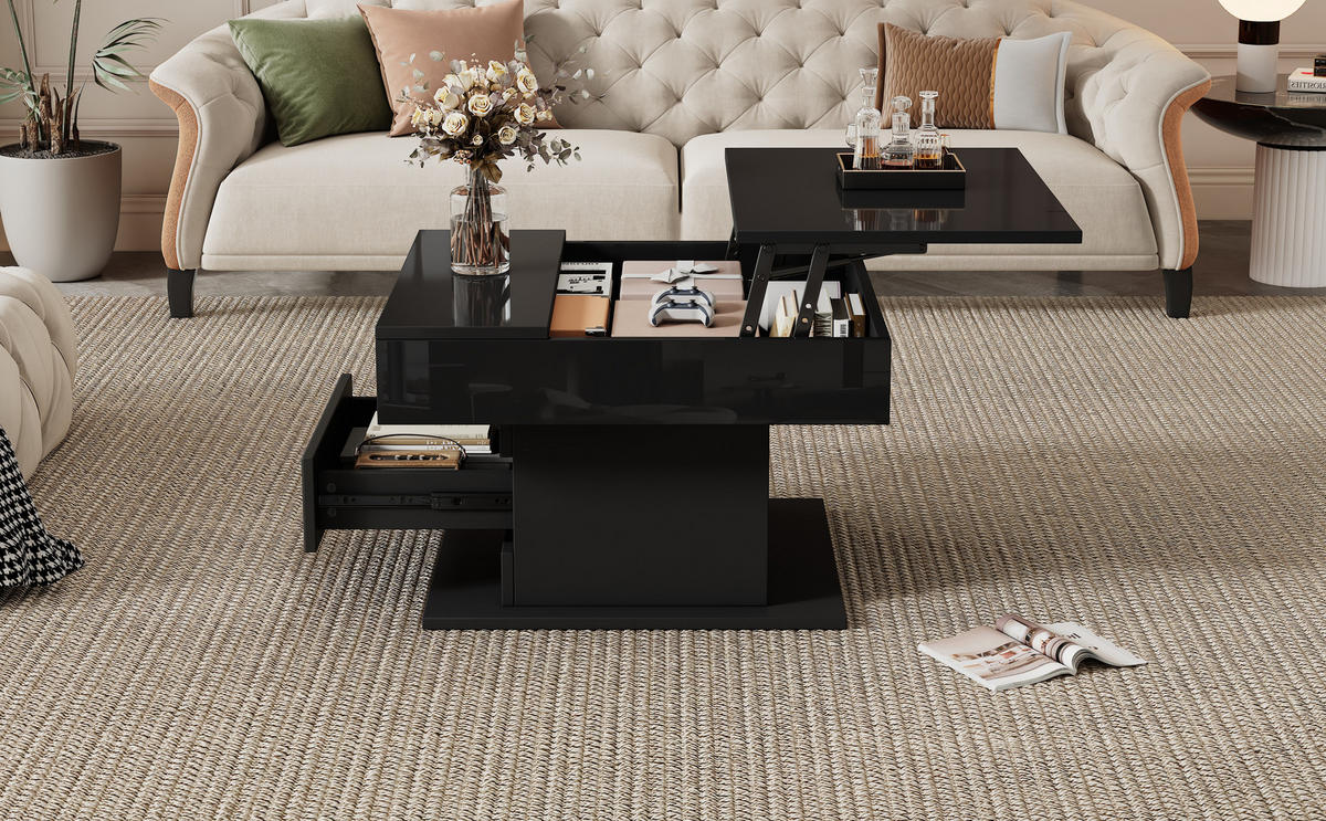 COUCHTISCH, drehbare Liftplatte, Hochglanz Schwarz, 1 Schublade & Stauraum, 70/70/45–59 cm,Schwarz - Schwarz, Holzwerkstoff (70/70/45cm) - Redom