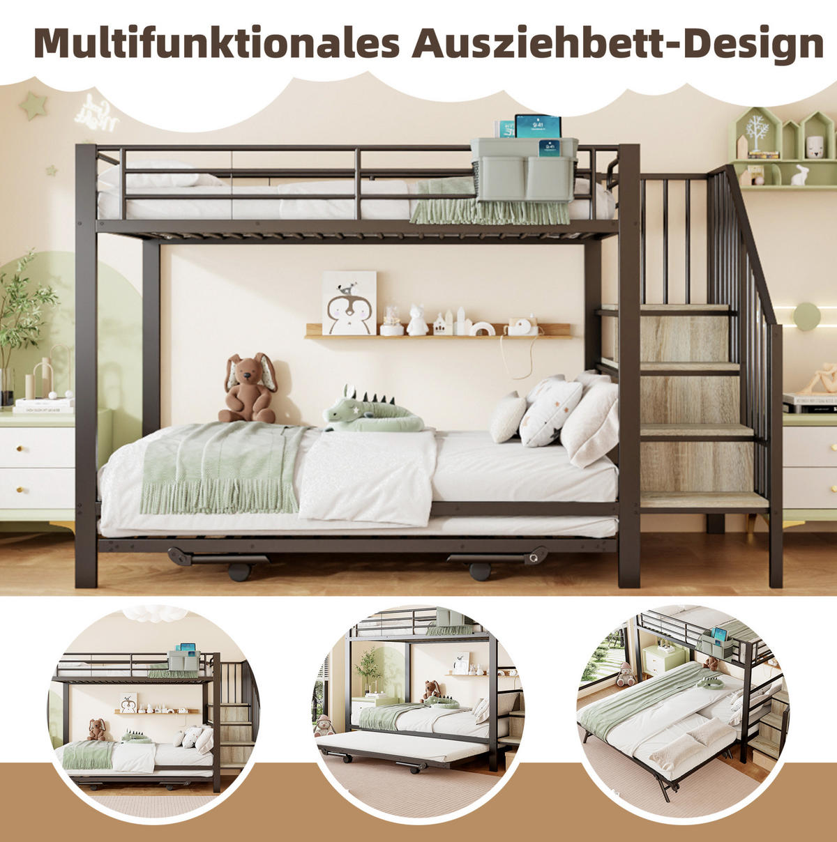ETAGENBETT aus Metall 90x200/180x200 cm Schwarz mit Ausziehbett, Stauraumtreppe und Stofftasche - Schwarz, Metall (90/200cm) - Modfu