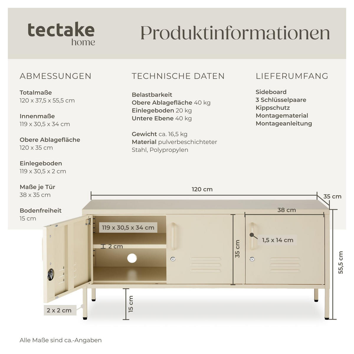 SIDEBOARD Baker, Kippschutz, höhenverstellbare Füße, creme - Creme, Metall (120/55.5/37.5cm) - tectake