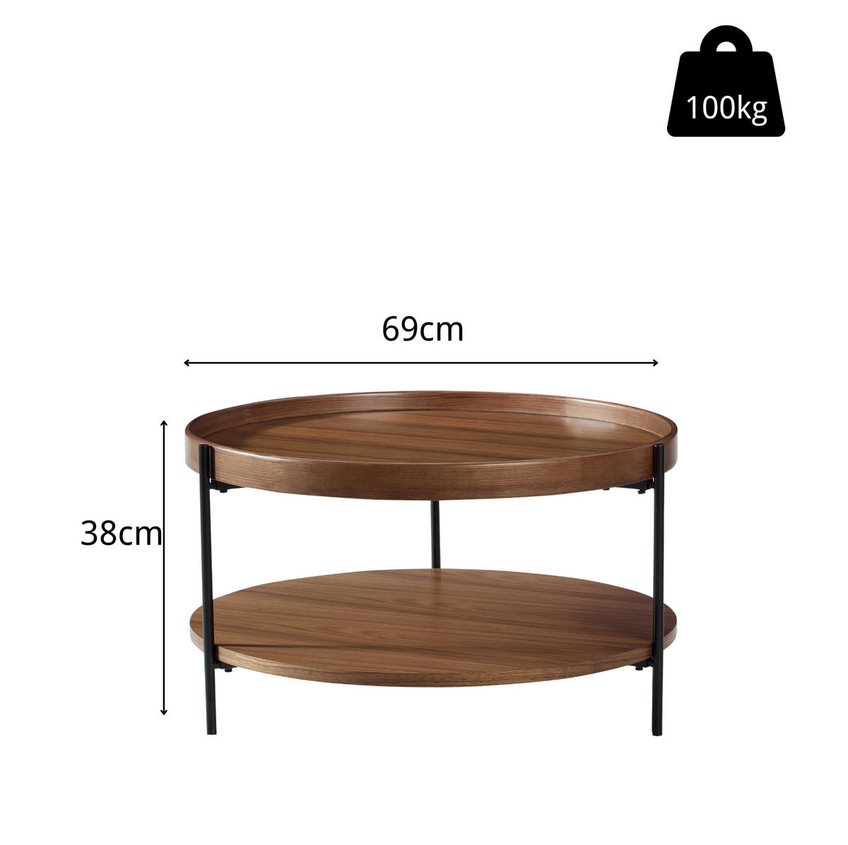 BEISTELLTISCH 44/44/48 cm mit 2 Etagen in Walnussoptik und Metallbeinen - Walnussfarben, Holzwerkstoff (44/44/48cm) - BEAOK