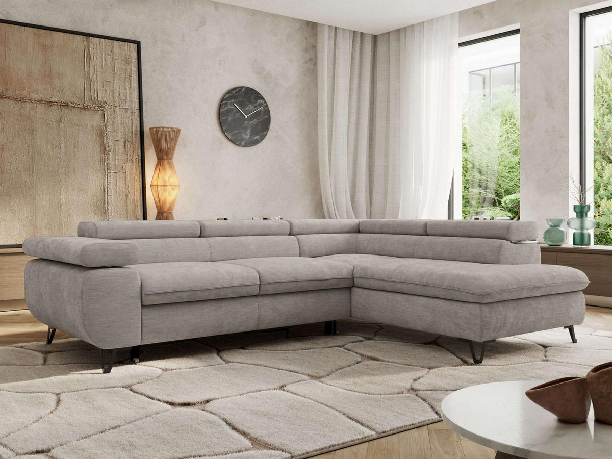 ECKSOFA PABLO L Hellgrau Schenille glatt - Rechts Seite mit T25 Topper - Hellgrau/Schwarz, Textil/Metall (273/208cm) - MKS