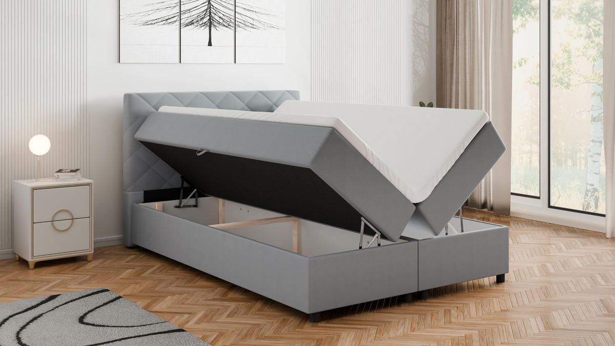 BOXBETT Diamaro 140x200 cm mit Bettkasten und Topper - Hellgrau - Hellgrau, Holz (140/200cm) - Panda Möbel