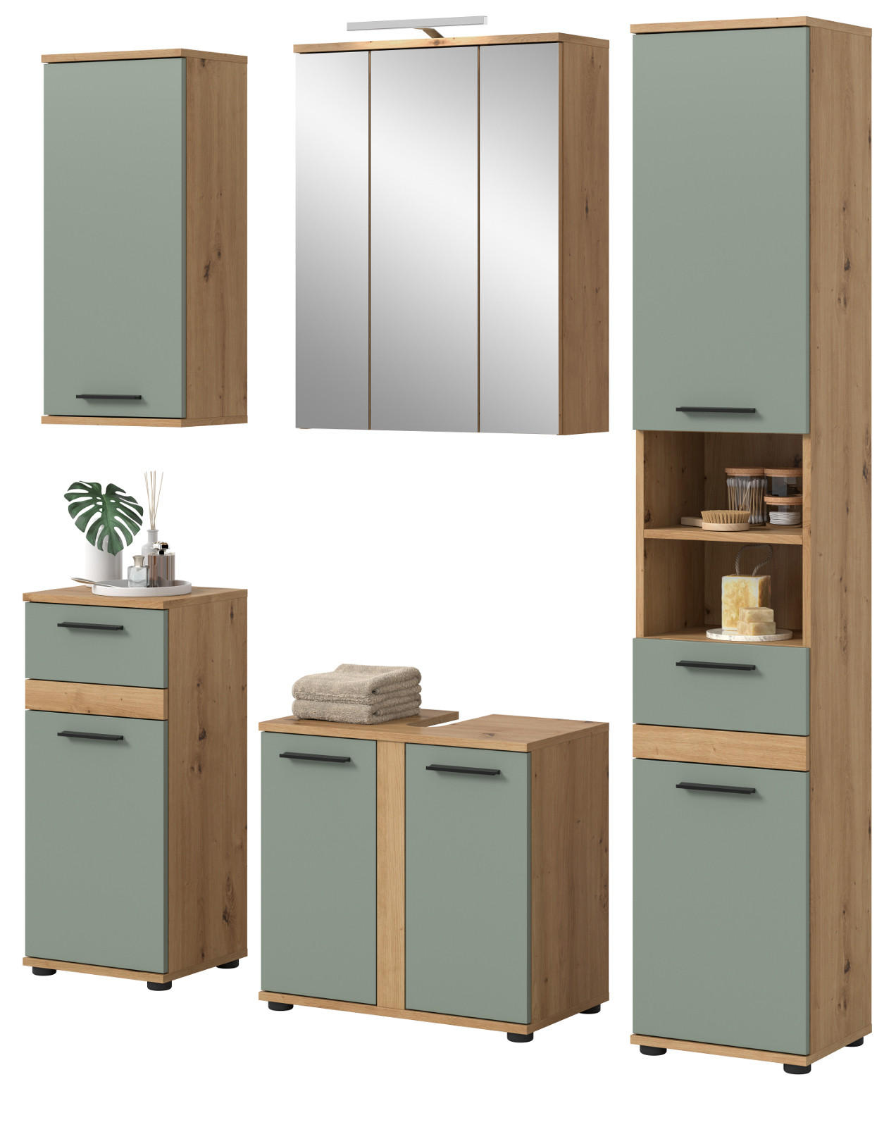 BADMÖBEL-SET Salbei grün, Eiche Artisan 164 cm 5-teilig, Badkombination inklusive LED Beleuchtung - Salbeigrün/Schwarz, Glas/Holzwerkstoff (164/191/34cm) - Inn.Furn