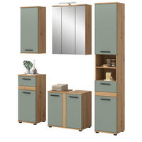 BADMÖBEL-SET Salbei grün, Eiche Artisan 164 cm 5-teilig, Badkombination inklusive LED Beleuchtung - Salbeigrün/Schwarz, Glas/Holzwerkstoff (164/191/34cm) - Inn.Furn