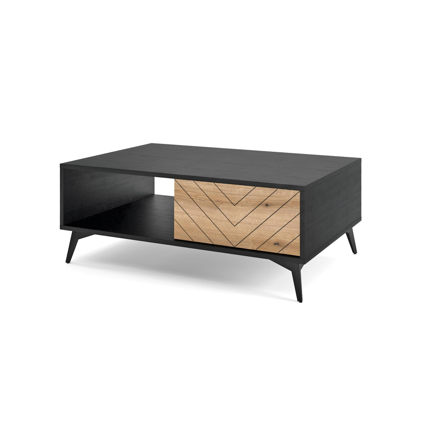 COUCHTISCH Boulia Schwarz mit Fischgrätfronten in Eiche 104/68 cm - Eichefarben/Schwarz, Holzwerkstoff/Metall (68/104/40cm) - Selsey